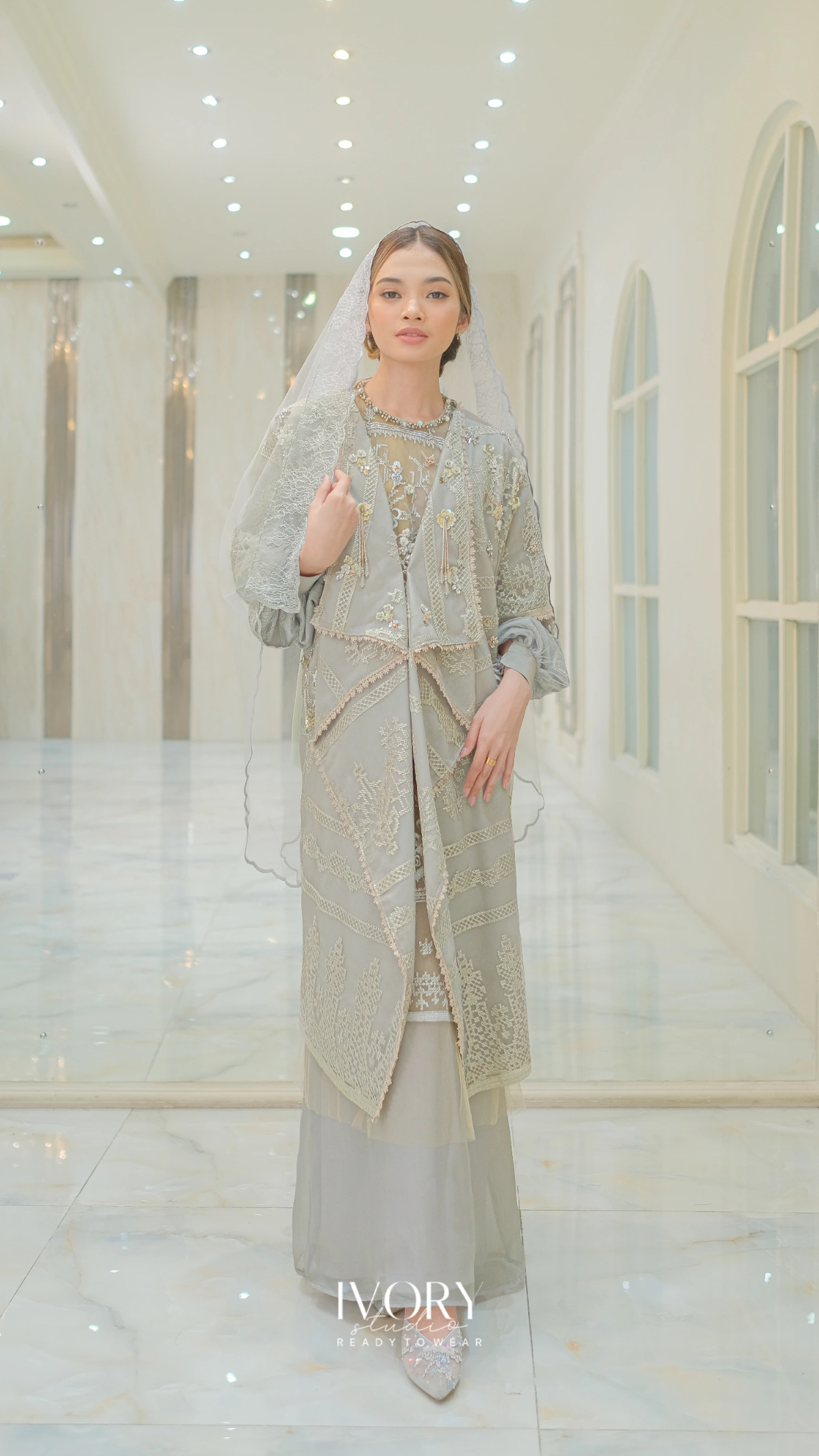 Beige on Grey 2 in 1 Dress with Asymmetrical Drapery Outer - Ivory