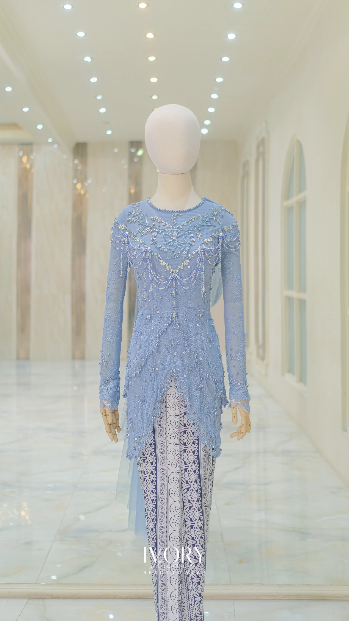 Dust Blue Classic Embroidery Kebaya with Wavy Chain Beading - Ivory ...
