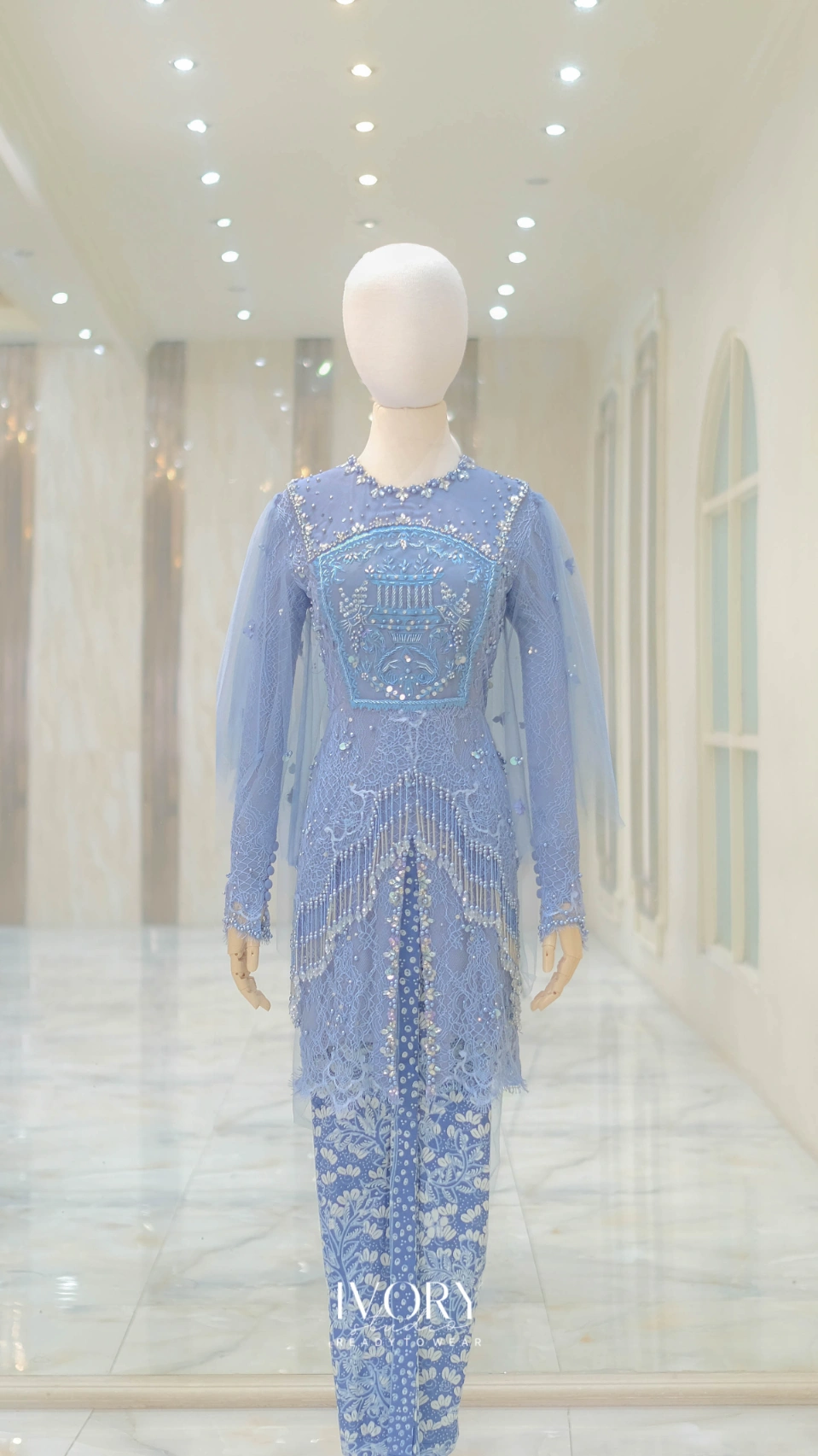 Dust Blue Kebaya with Renaissance Embroidery and Cape - Ivory Studio RTW
