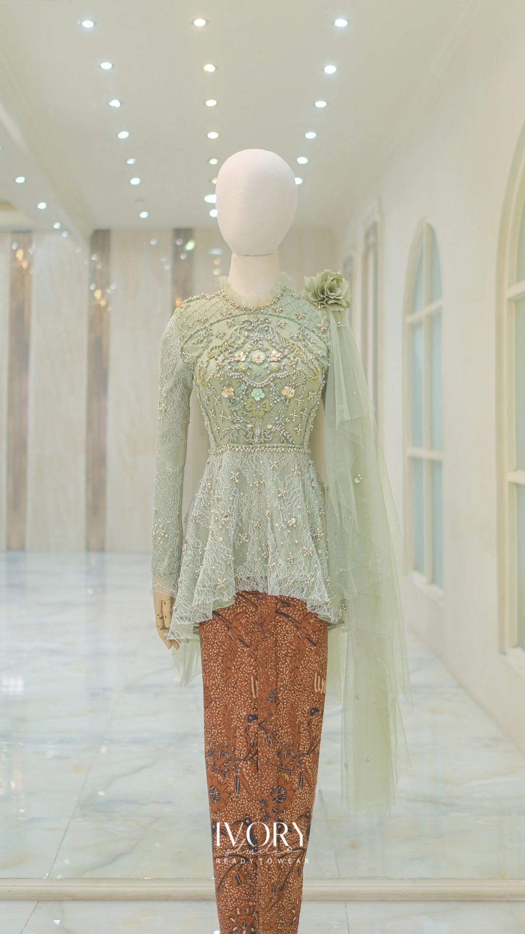 Sage Peplum Kebaya with Embroidery and Shoulder Mesh Accent - Ivory ...