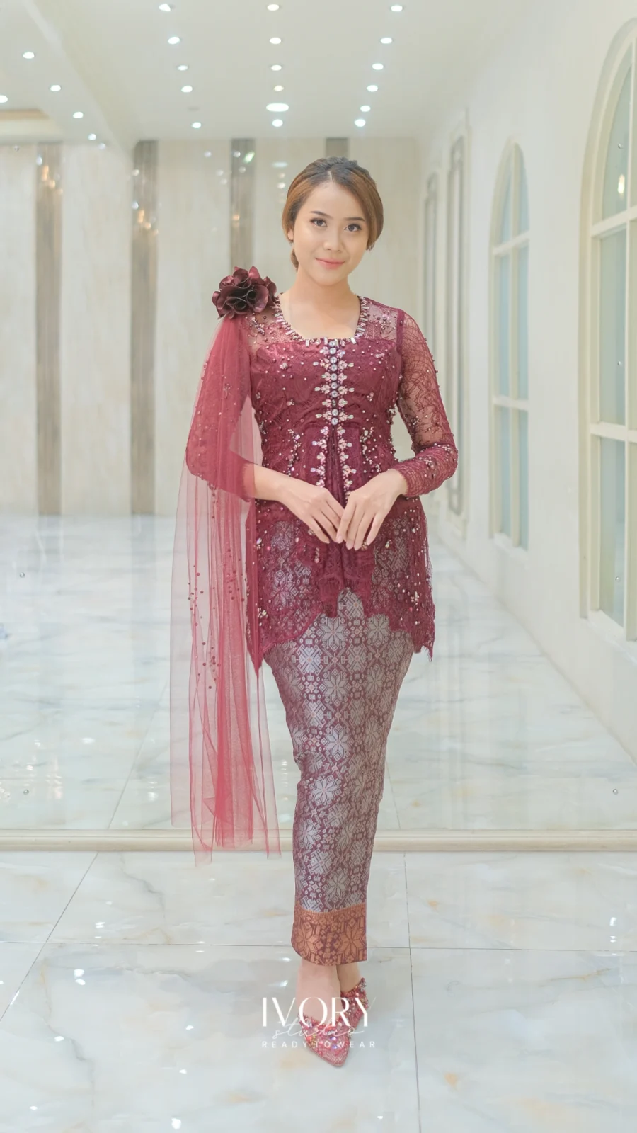 Burgundy Kebaya with Square Neckline
