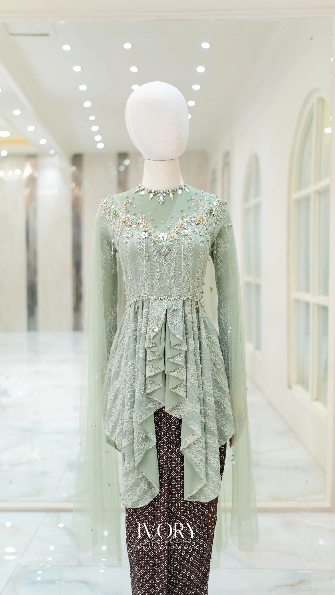 Sage Kebaya with Inverse Cut Drape and Back Drape