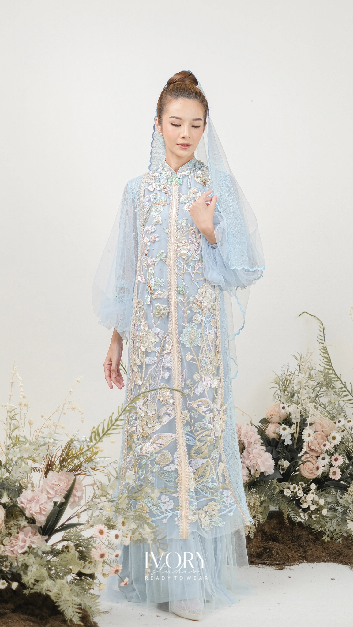 [Ready Stock] Ice Blue Bishop Dress with Flower Embroidery - Image 2