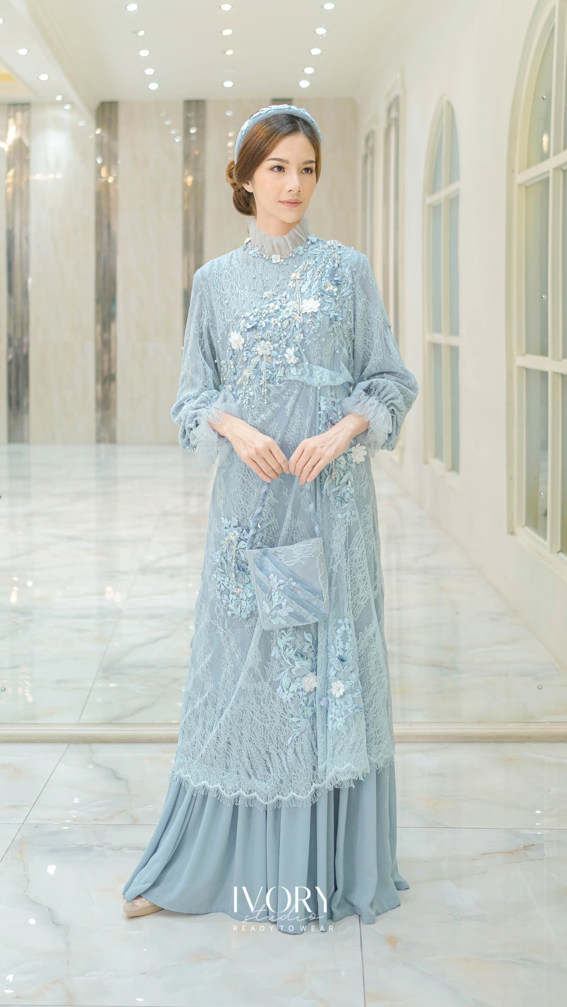 [Ready Stock] Ice Blue Chantily Drapery Dress