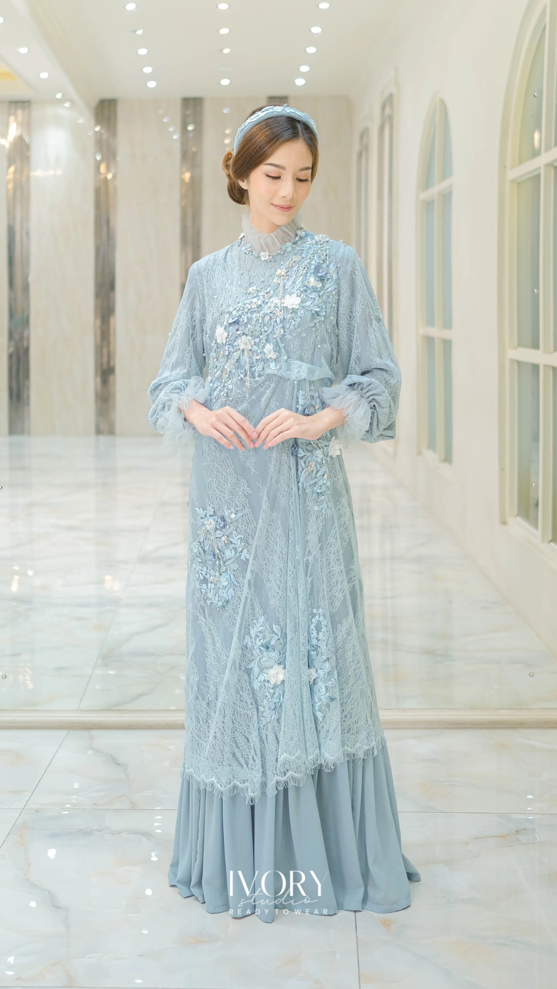 [Ready Stock] Ice Blue Chantily Drapery Dress - Image 5