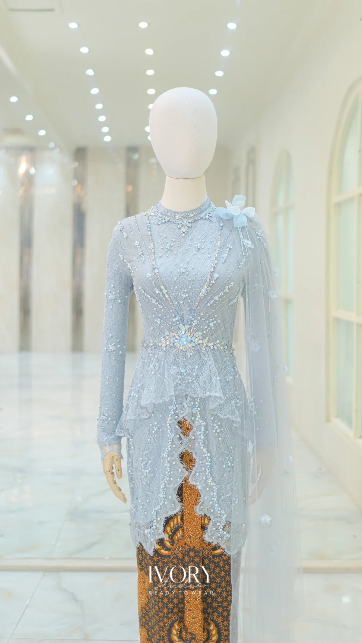 [Ready Stock] Ice Blue Half Peplum Kebaya with Shawl