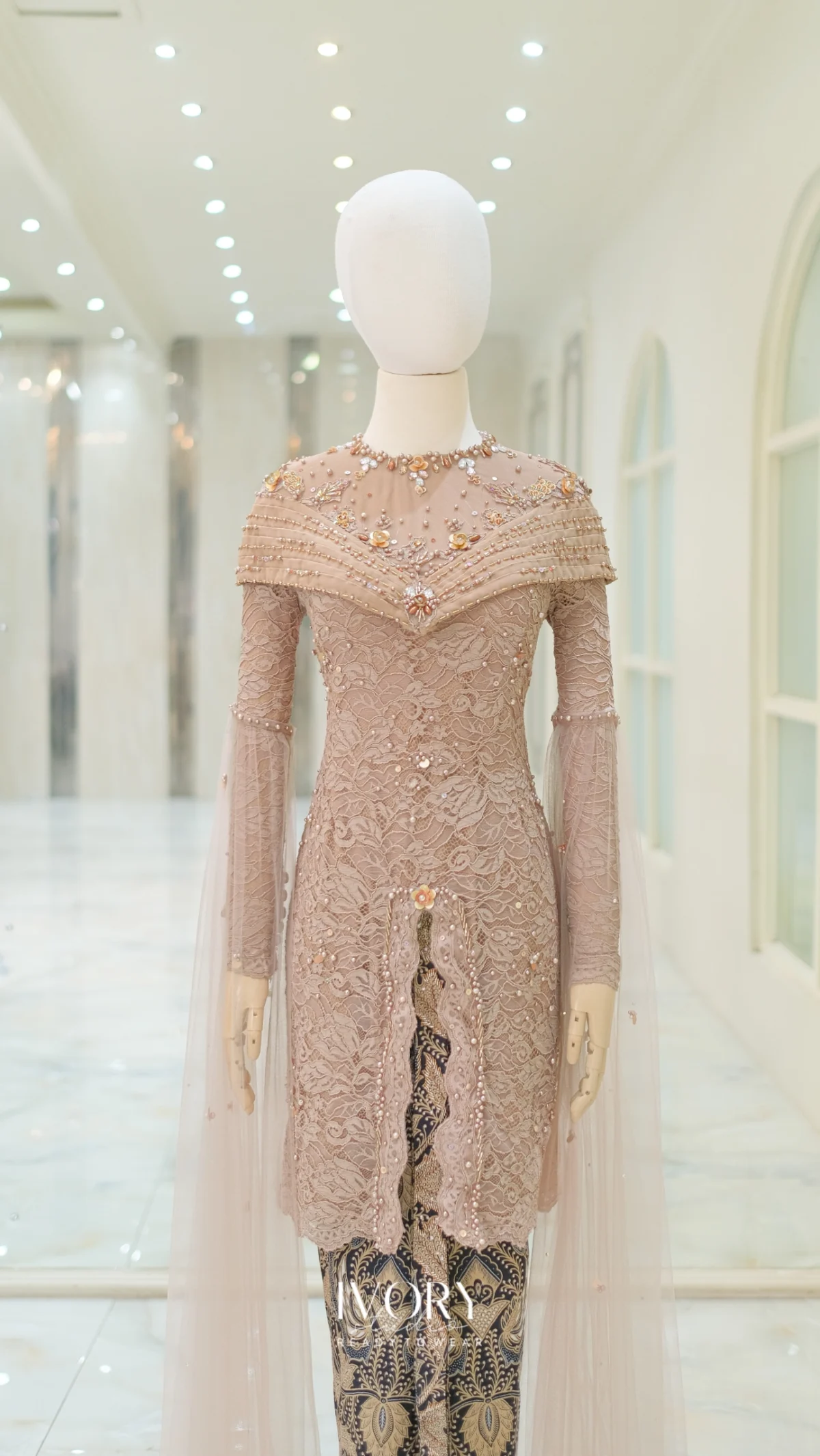 Mocca Kebaya with Off Shoulder Cape and Tulle Sleeves