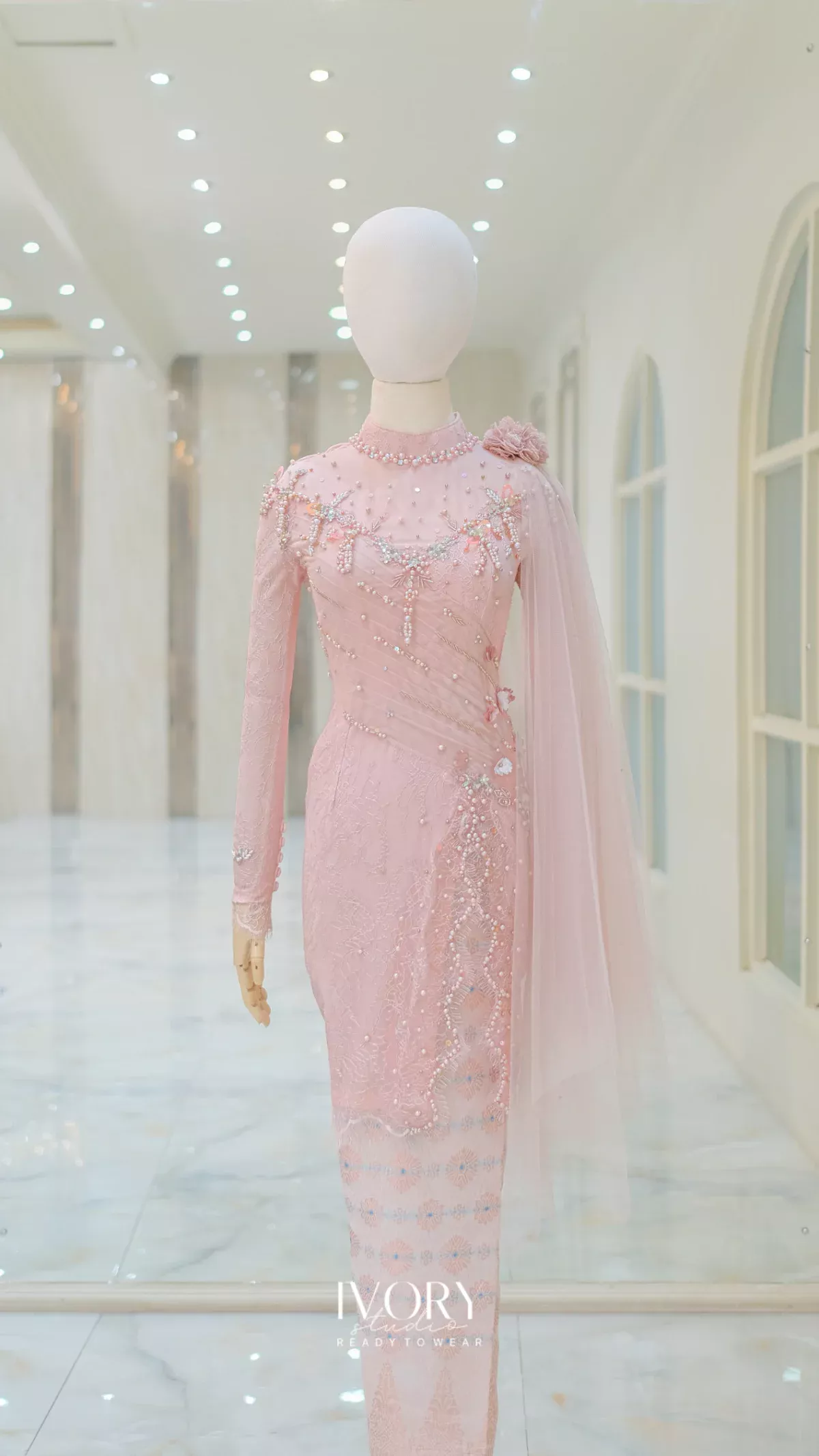 Powder Pink Kebaya with Side Pleat and Sheer Drape