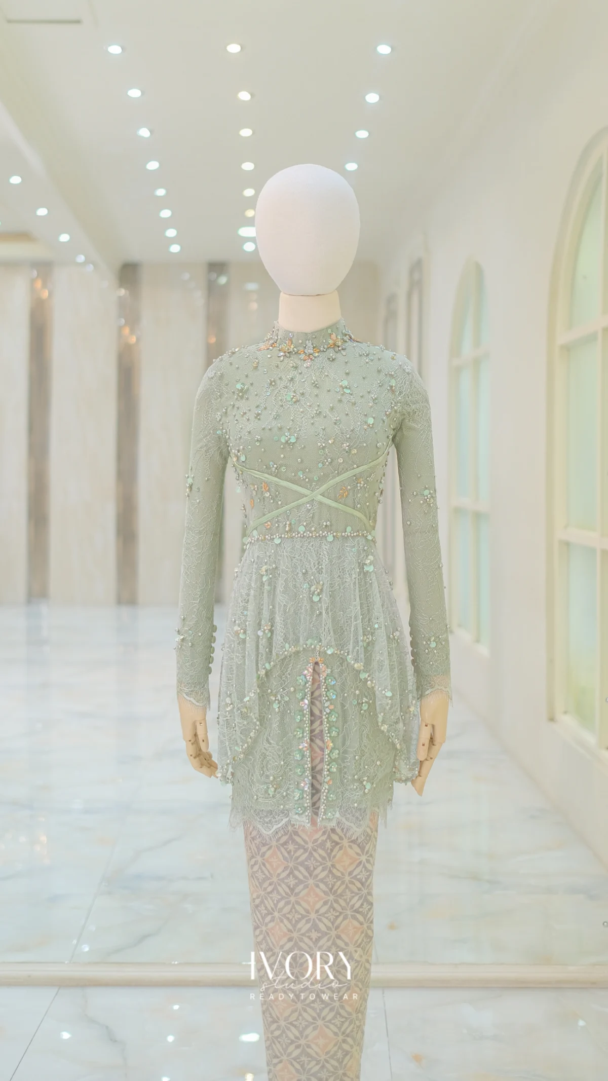 Sage Asymmetric Peplum Kebaya with Cape - Image 2