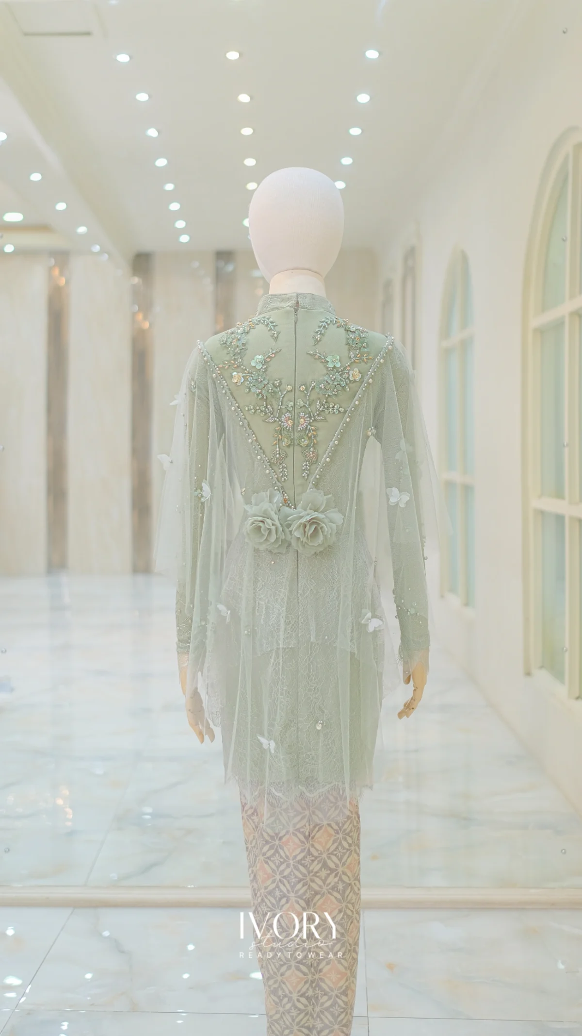 Sage Asymmetric Peplum Kebaya with Cape - Image 3