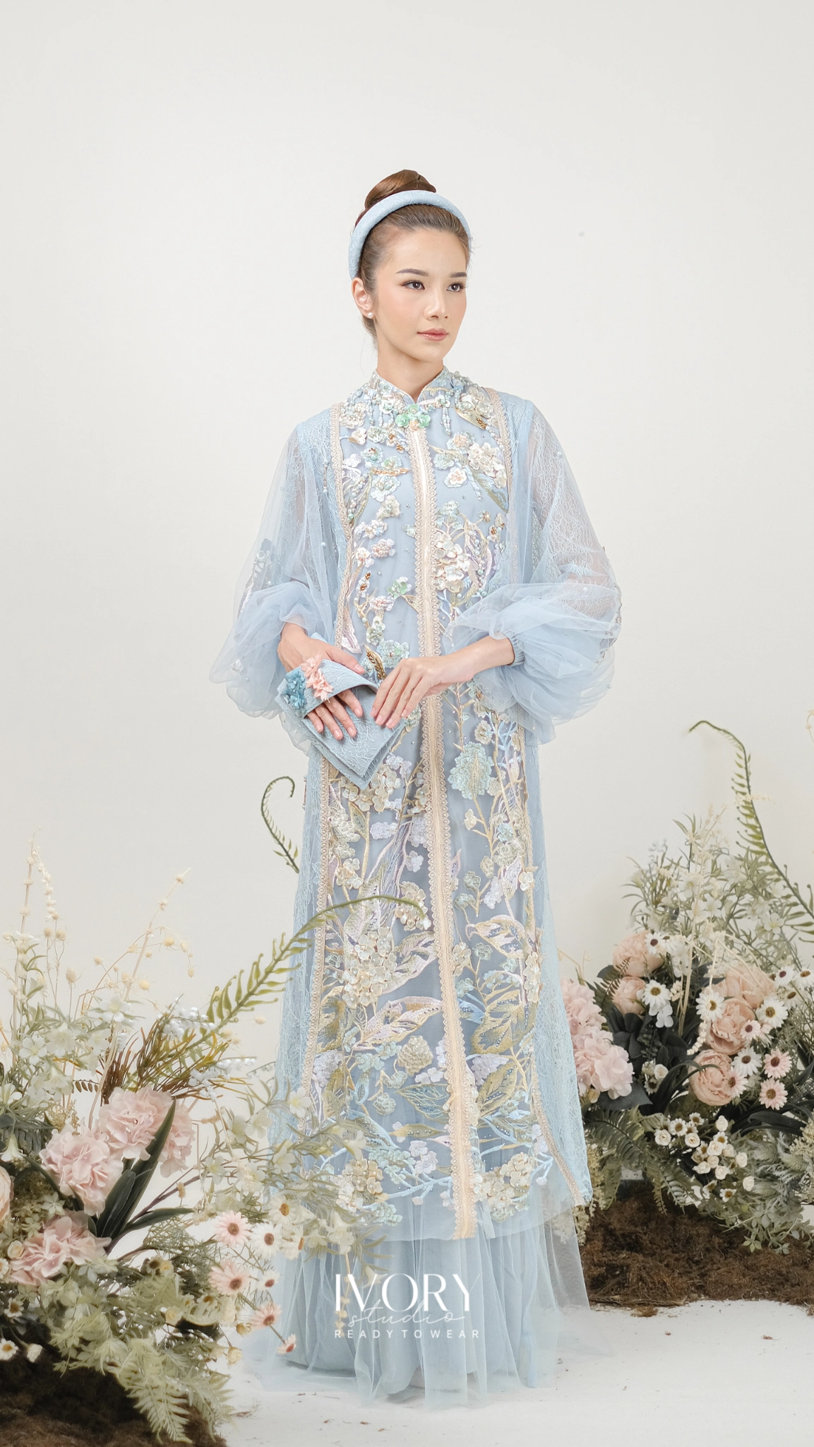 [Ready Stock] Ice Blue Bishop Dress with Flower Embroidery