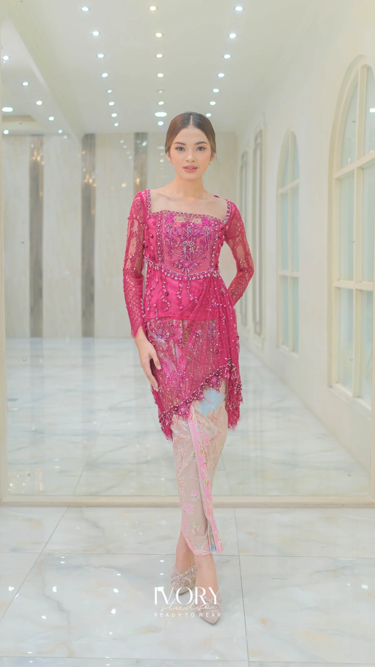 [Ready Stock] Awani | Leafage Chandelier Kebaya with Dangling Tassel Beads in Fuchsia