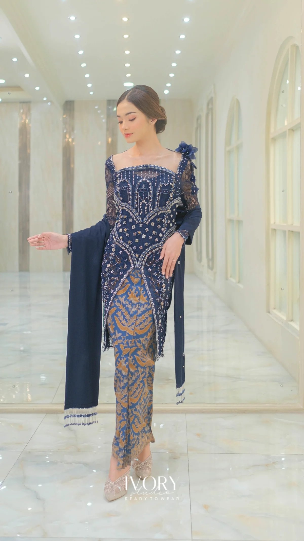 [Ready Stock] Navy Garnet Kebaya with Stone Formation Beadings