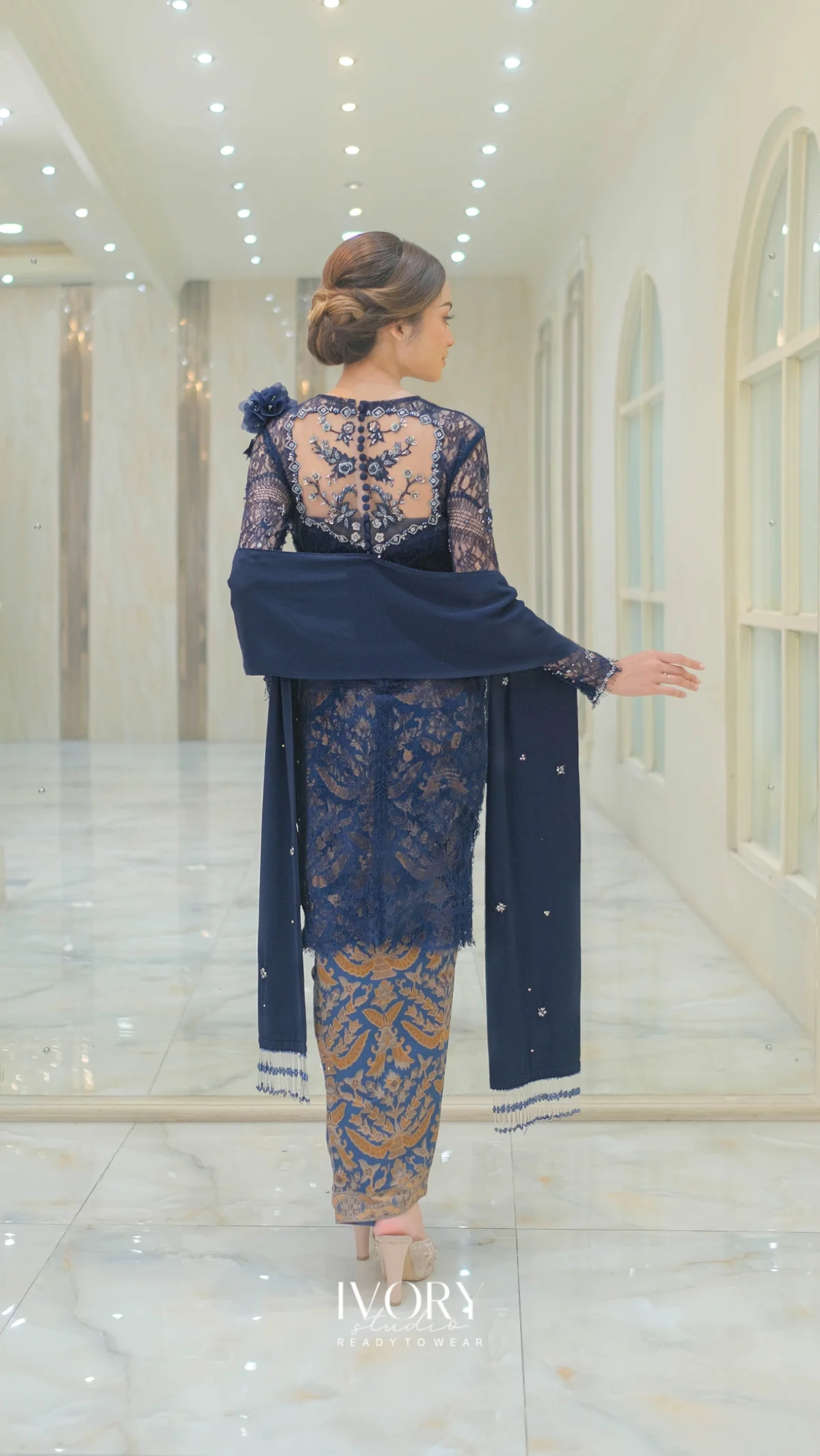 [Ready Stock] Navy Garnet Kebaya with Stone Formation Beadings - Image 3