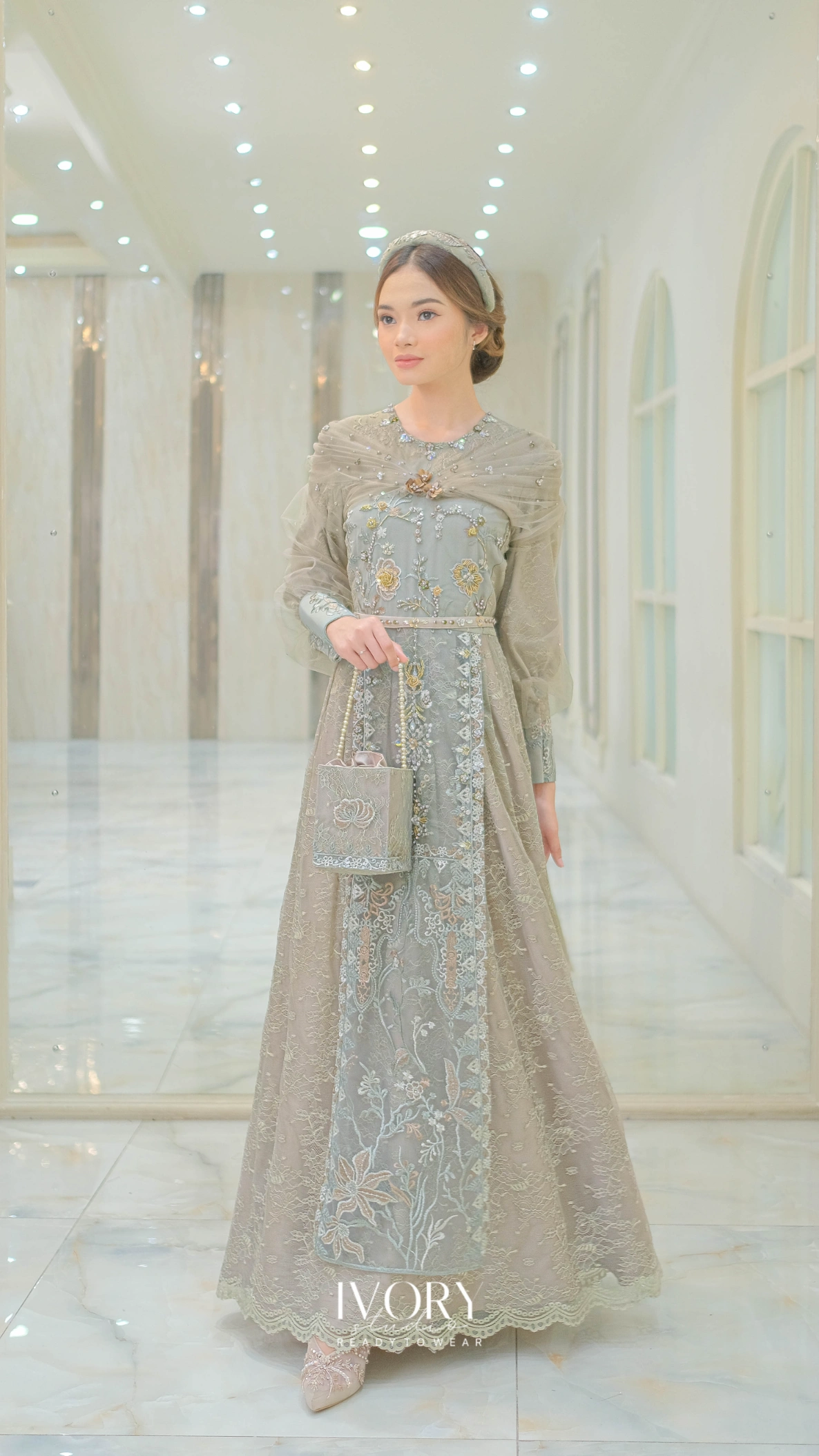 [Ready Stock] Poise | Waltz Dress with Tulle Drape in Taupe