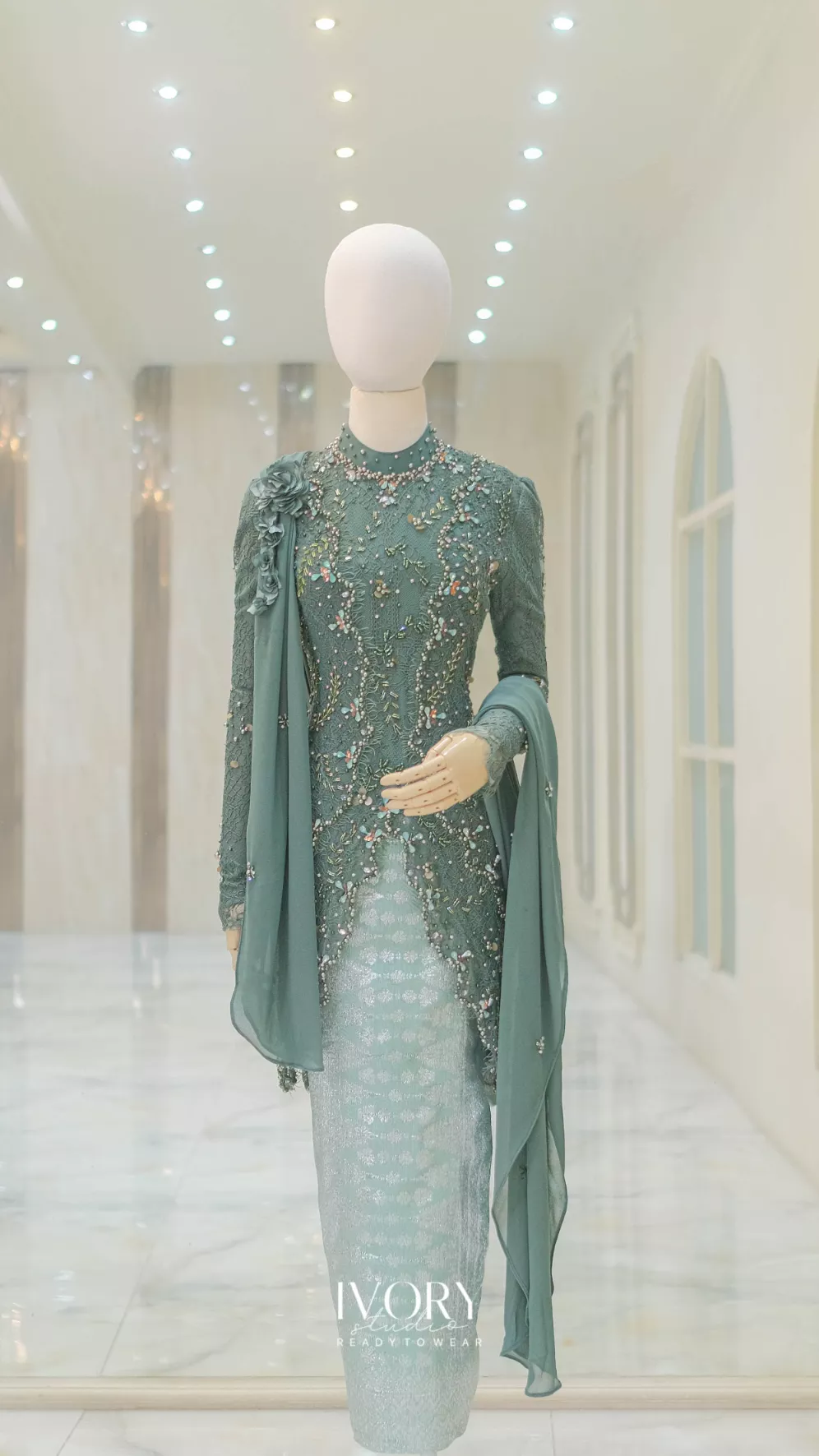 [Ready Stock] Deep Teal Estuary Kebaya with Petite Petal Beading