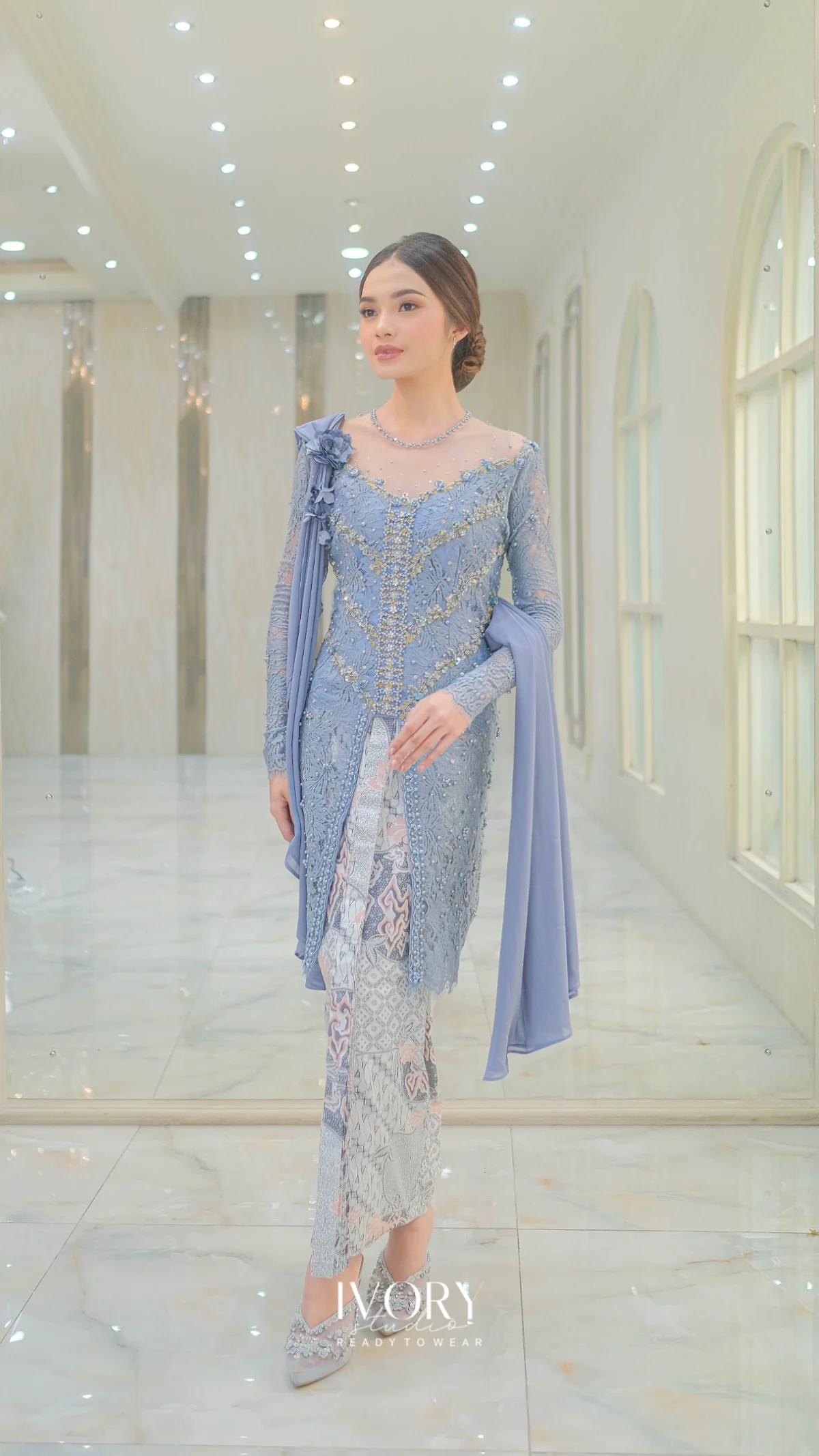 [Ready Stock] Dust Blue Kebaya with Torso Crystal Button and Shawl