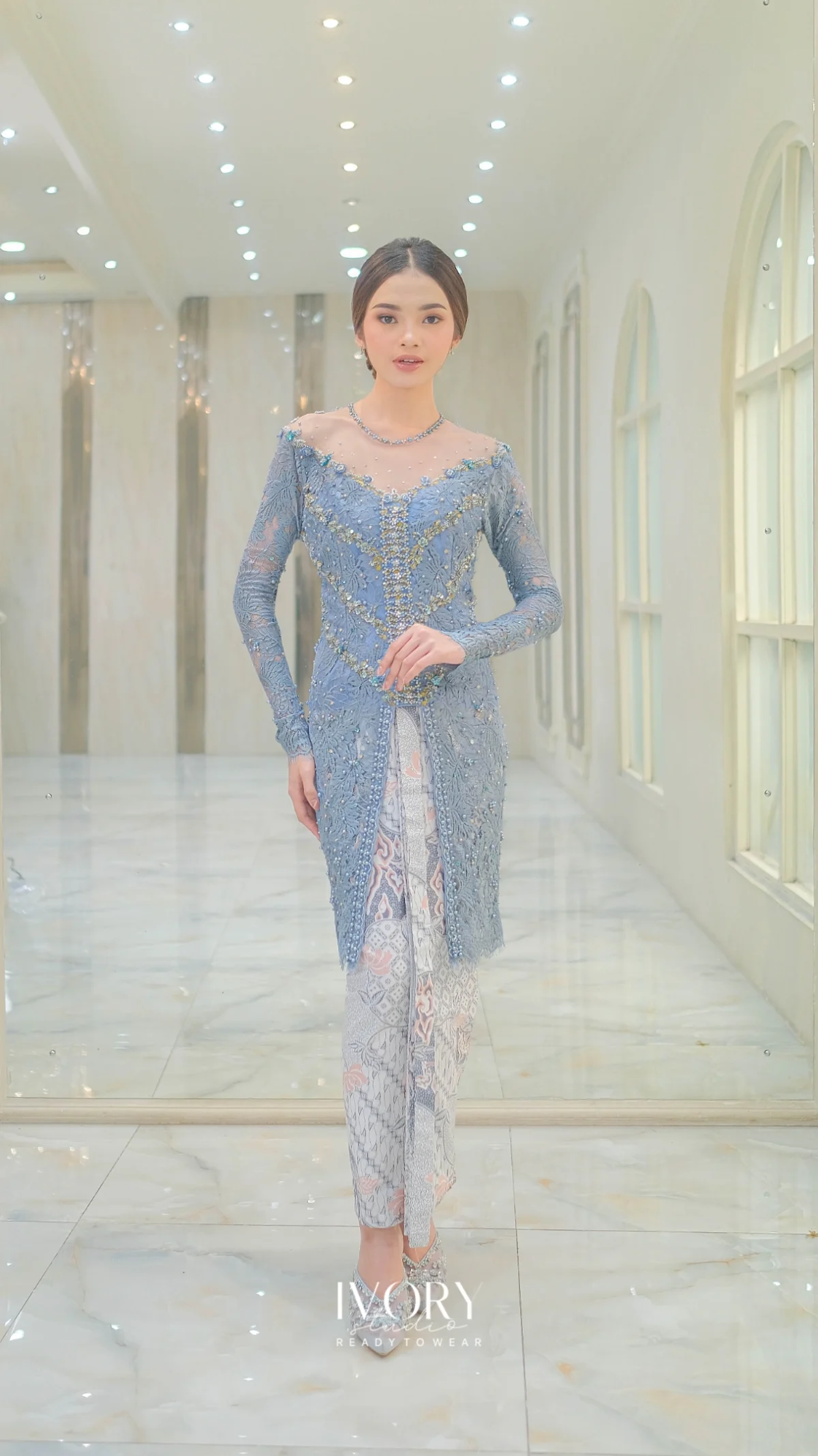 [Ready Stock] Dust Blue Kebaya with Torso Crystal Button and Shawl - Image 2