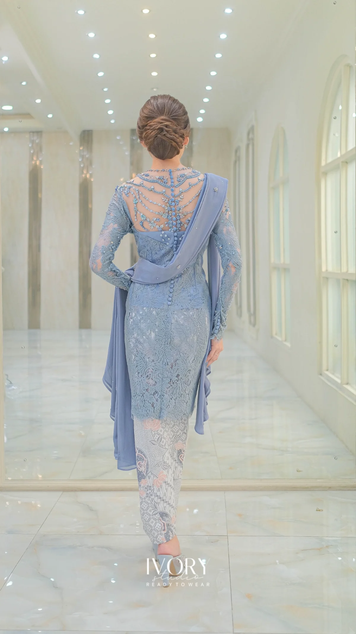 [Ready Stock] Dust Blue Kebaya with Torso Crystal Button and Shawl - Image 3