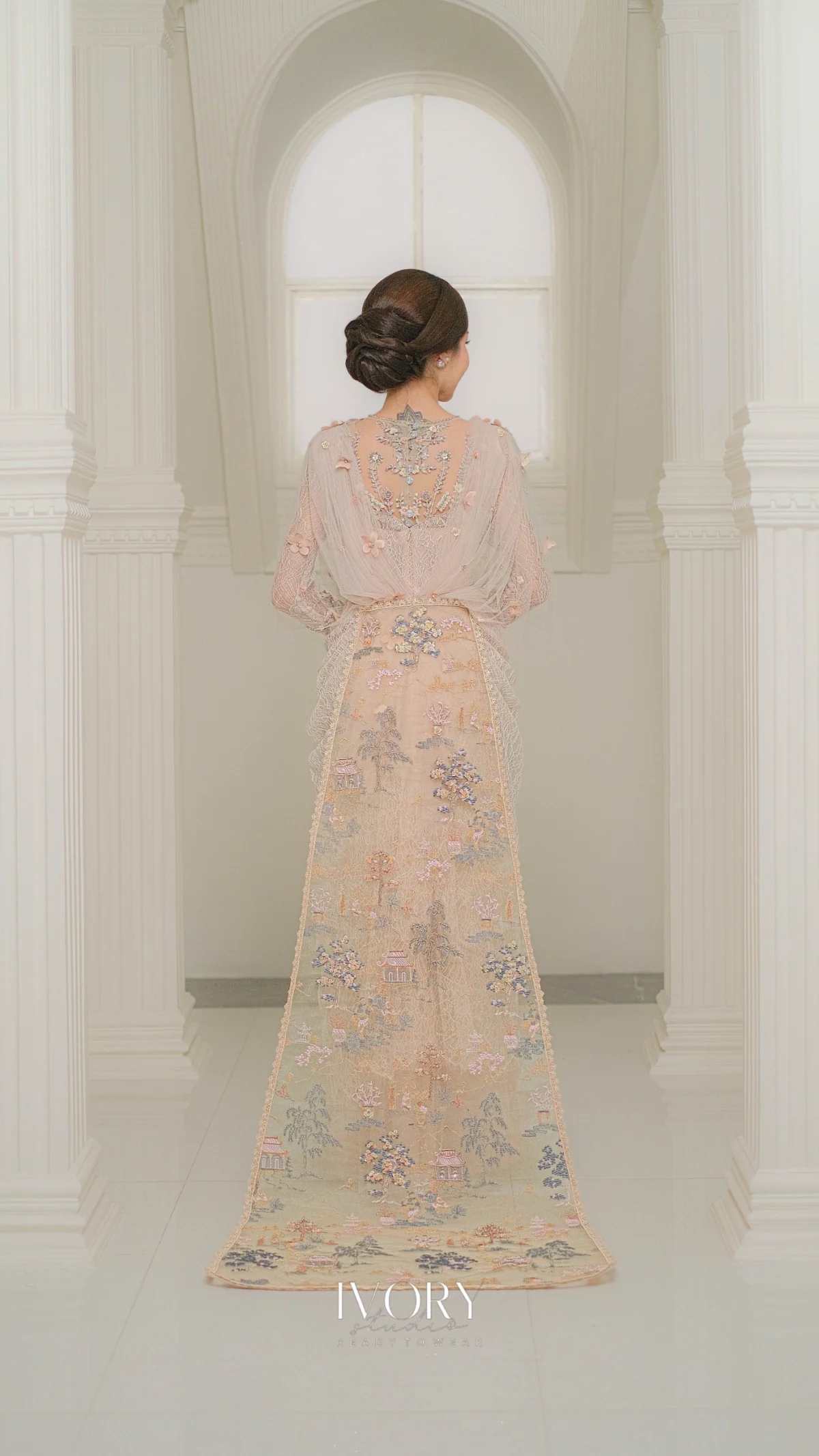 Lullaby | Beige Reverie Dress with Chinoiserie Tail and Pouring Drape ...