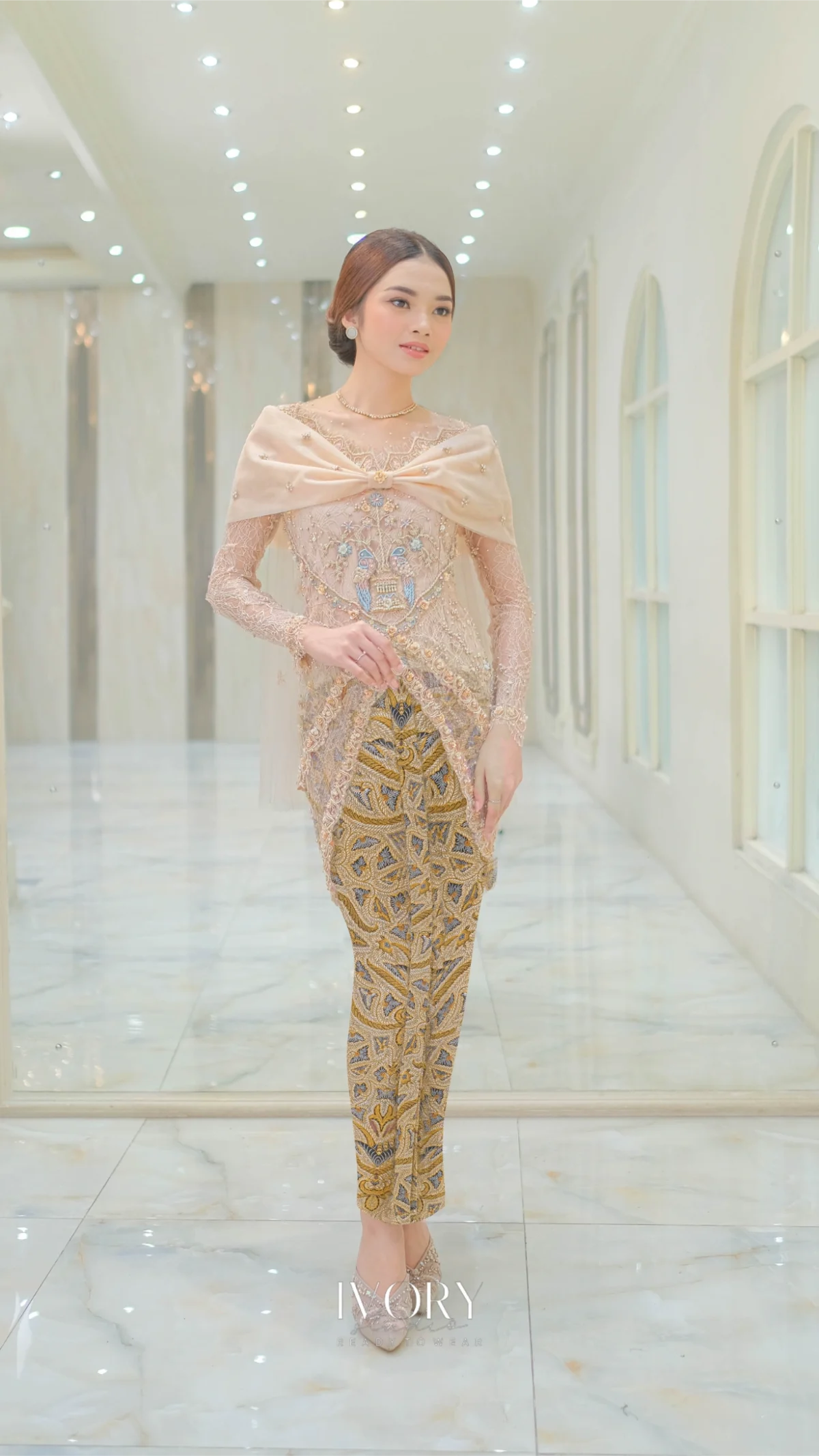 [Ready Stock] Amara | Beige Butterfly Bow Cape Kebaya with Lovebird Embroidery