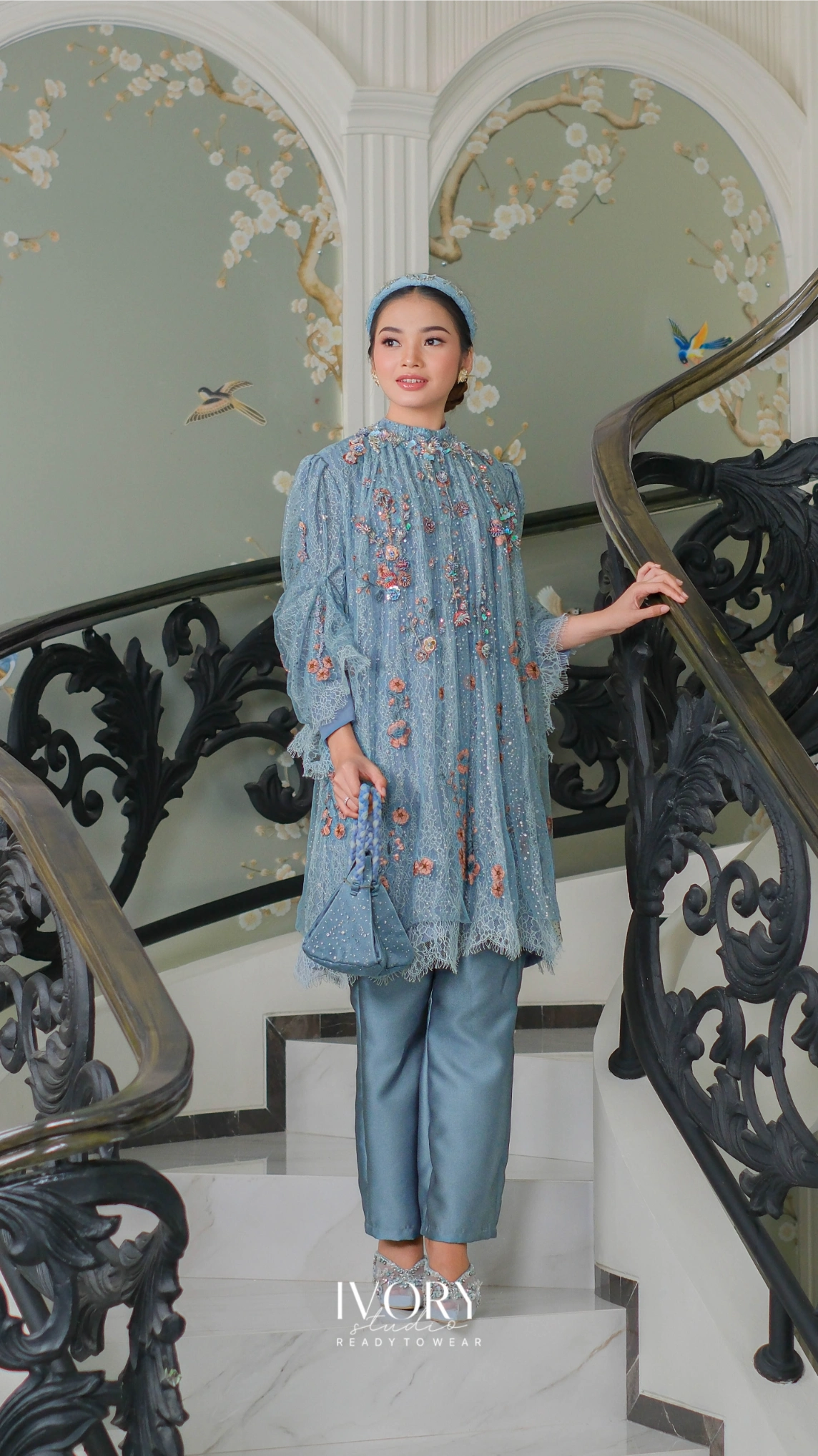 [Ready Stock] In Unison | Tsarina Top and Pants Wildflower Set in Dust Blue