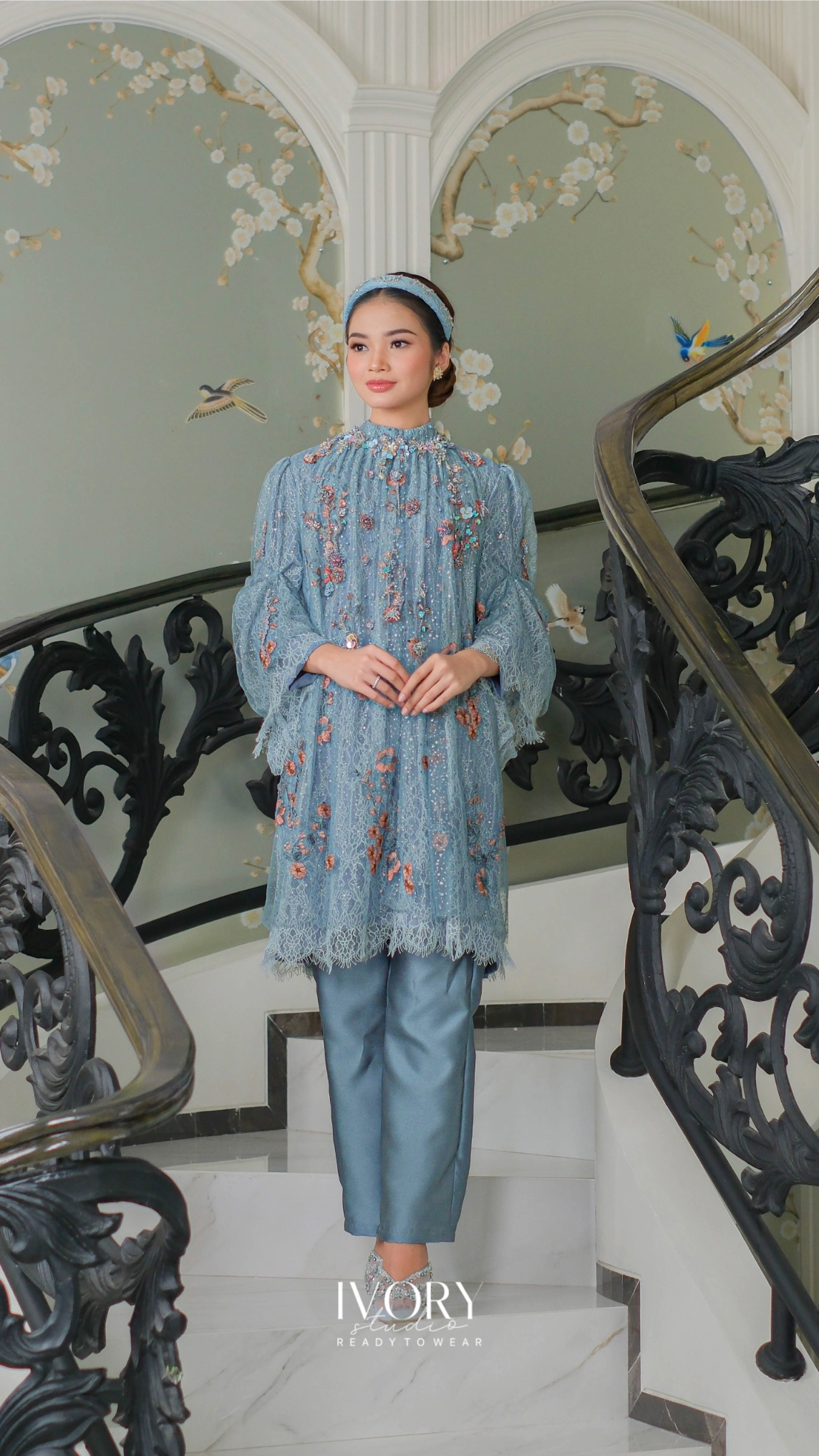 [Ready Stock] In Unison | Tsarina Top and Pants Wildflower Set in Dust Blue - Image 2