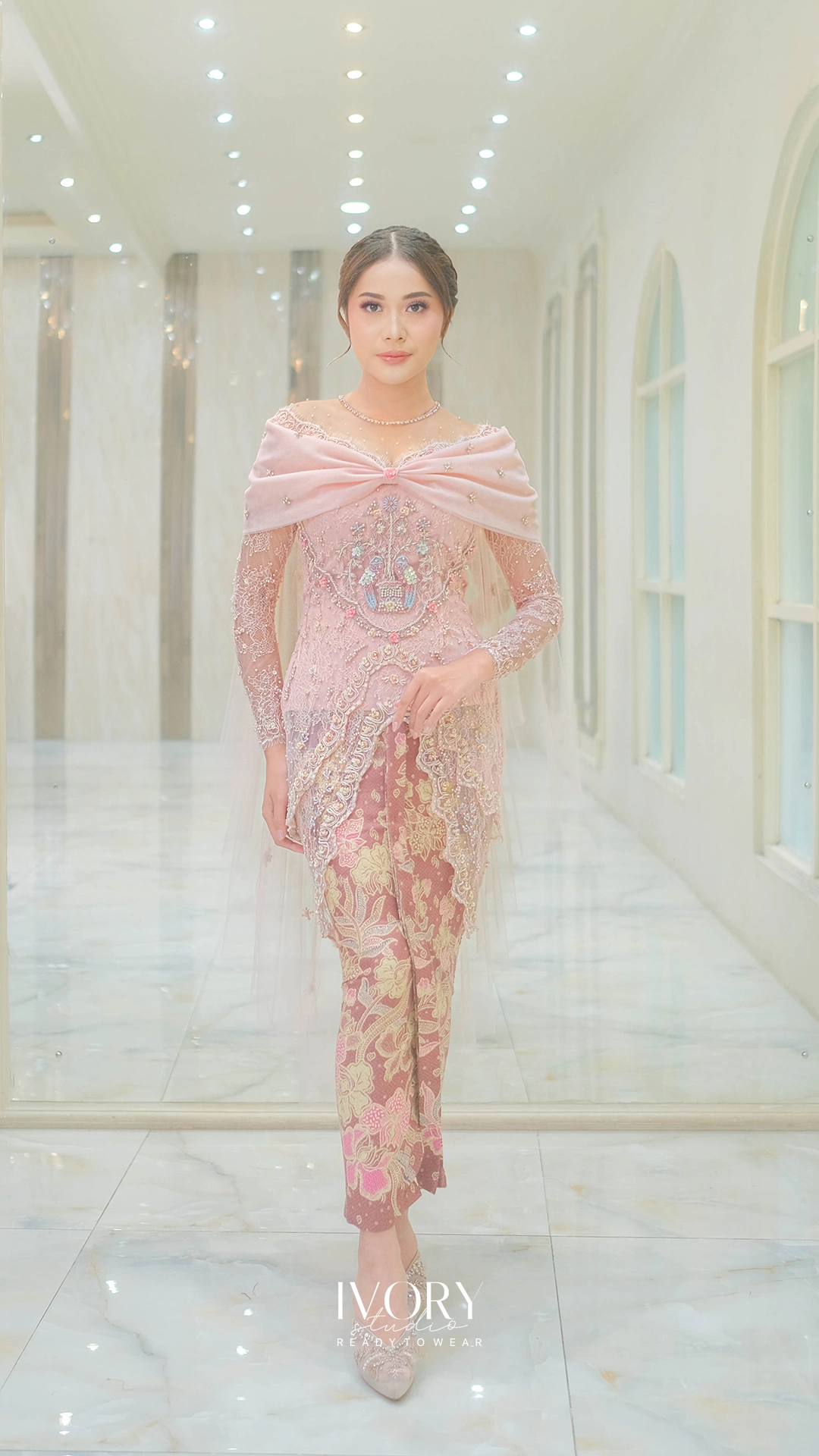 [Ready Stock] Amara | Powder Pink Butterfly Bow Cape Kebaya with Lovebird Embroidery