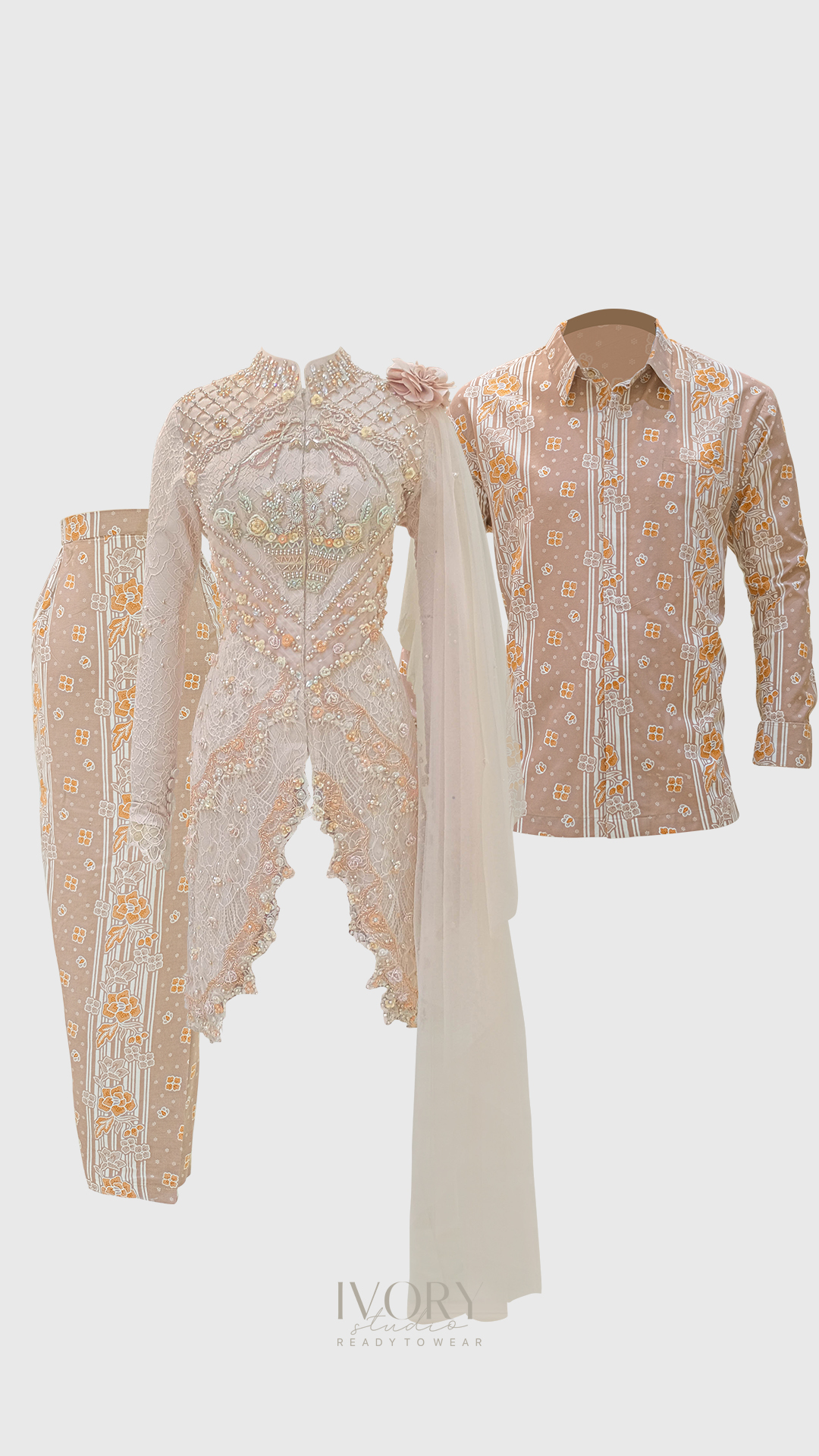 Beige Flower Basket Kebaya with Contoured Waist Embroidery Couple Look