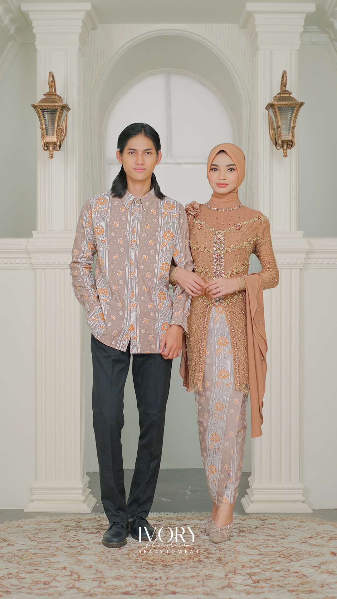 Rosewood Kebaya with Torso Crystal Button and Shawl Couple Look