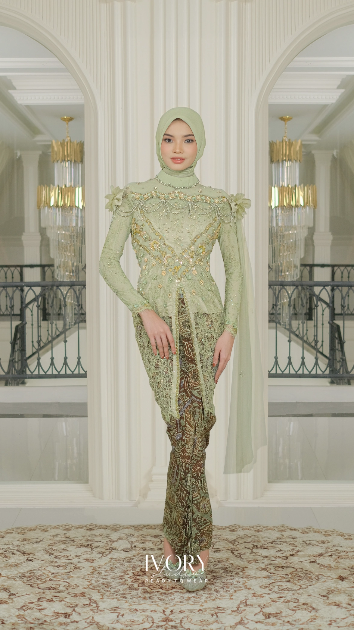 [Ready Stock] Jivva | Nirmala Multicolor Kebaya with Slimming Portieré in Sage - Image 2