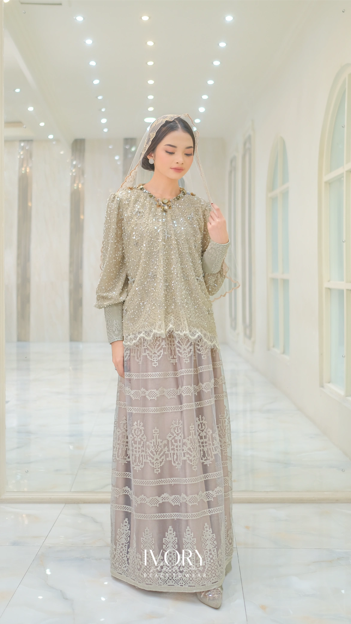 [Ready Stock] Leg-of-Mutton Inspired Glittery Top with Skirt in Taupe