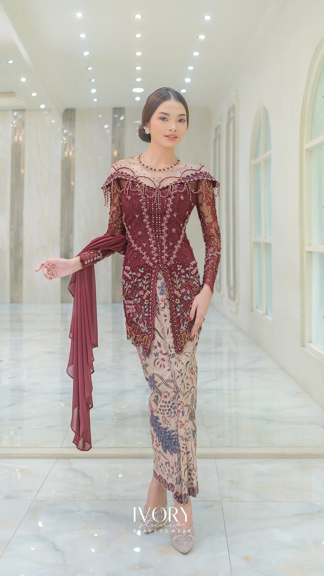 [Ready Stock] Awani | Lush Flowery Off-Shoulder Kebaya with Chandelier Pendant in Burgundy