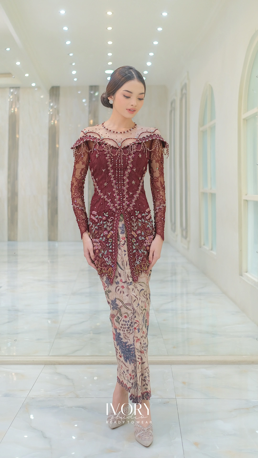 [Ready Stock] Awani | Lush Flowery Off-Shoulder Kebaya with Chandelier Pendant in Burgundy - Image 2