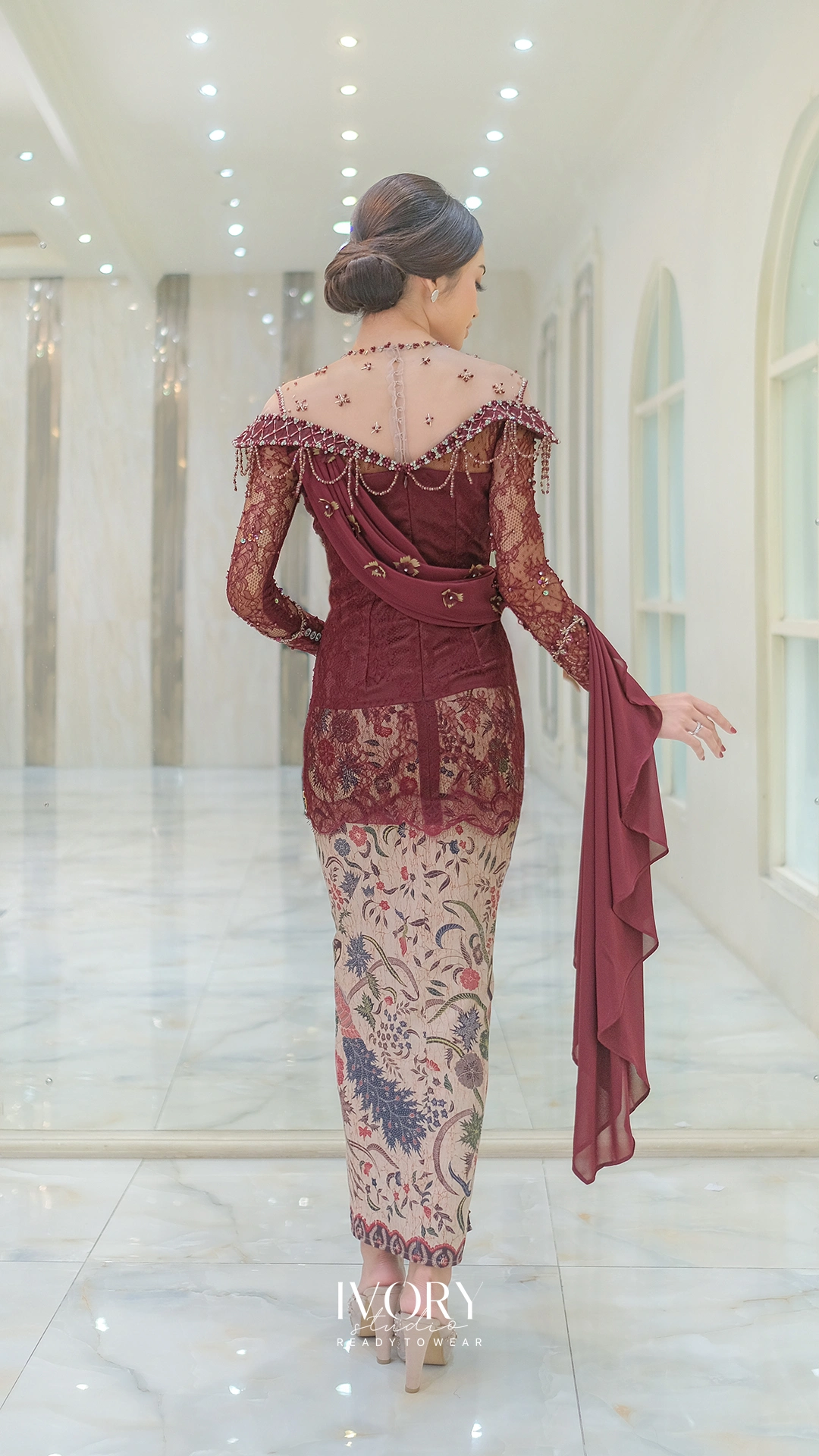 [Ready Stock] Awani | Lush Flowery Off-Shoulder Kebaya with Chandelier Pendant in Burgundy - Image 3