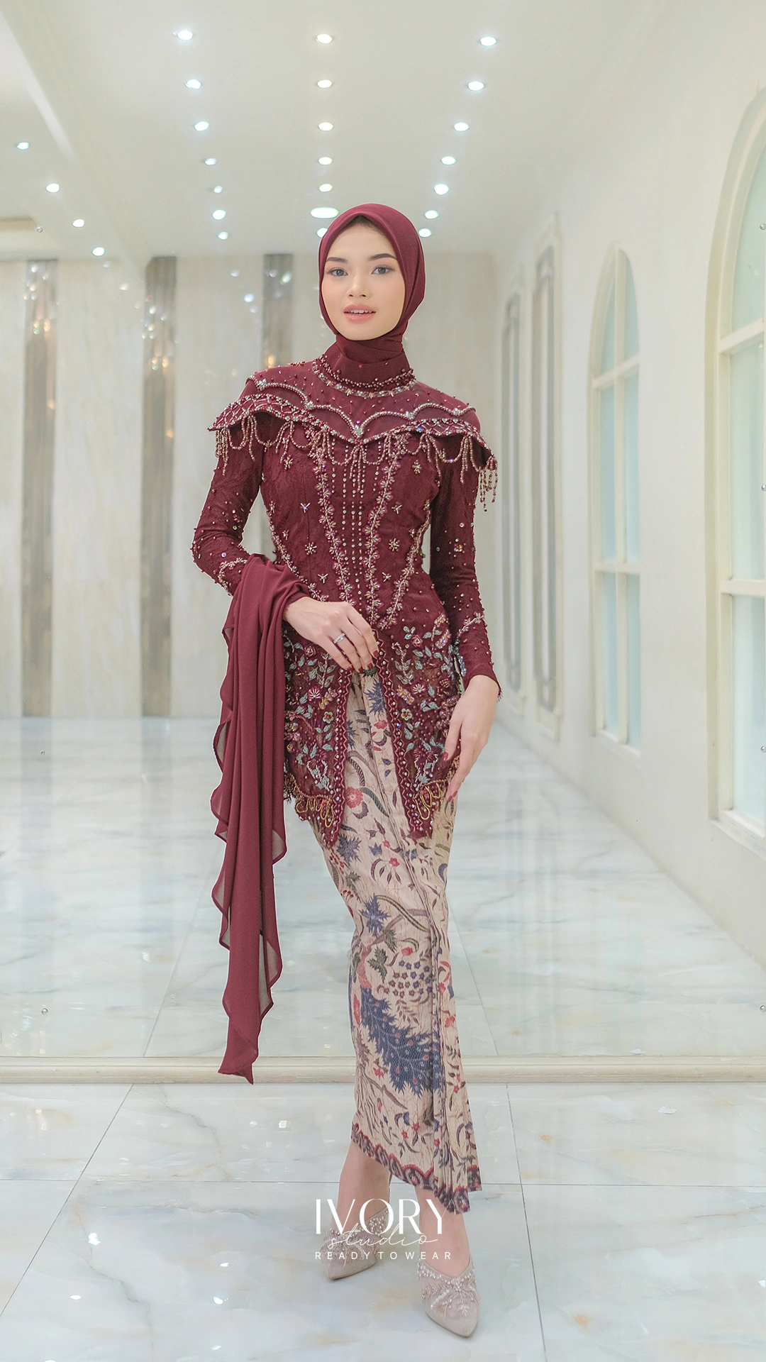 [Ready Stock] Awani | Lush Flowery Off-Shoulder Kebaya with Chandelier Pendant in Burgundy - Image 4