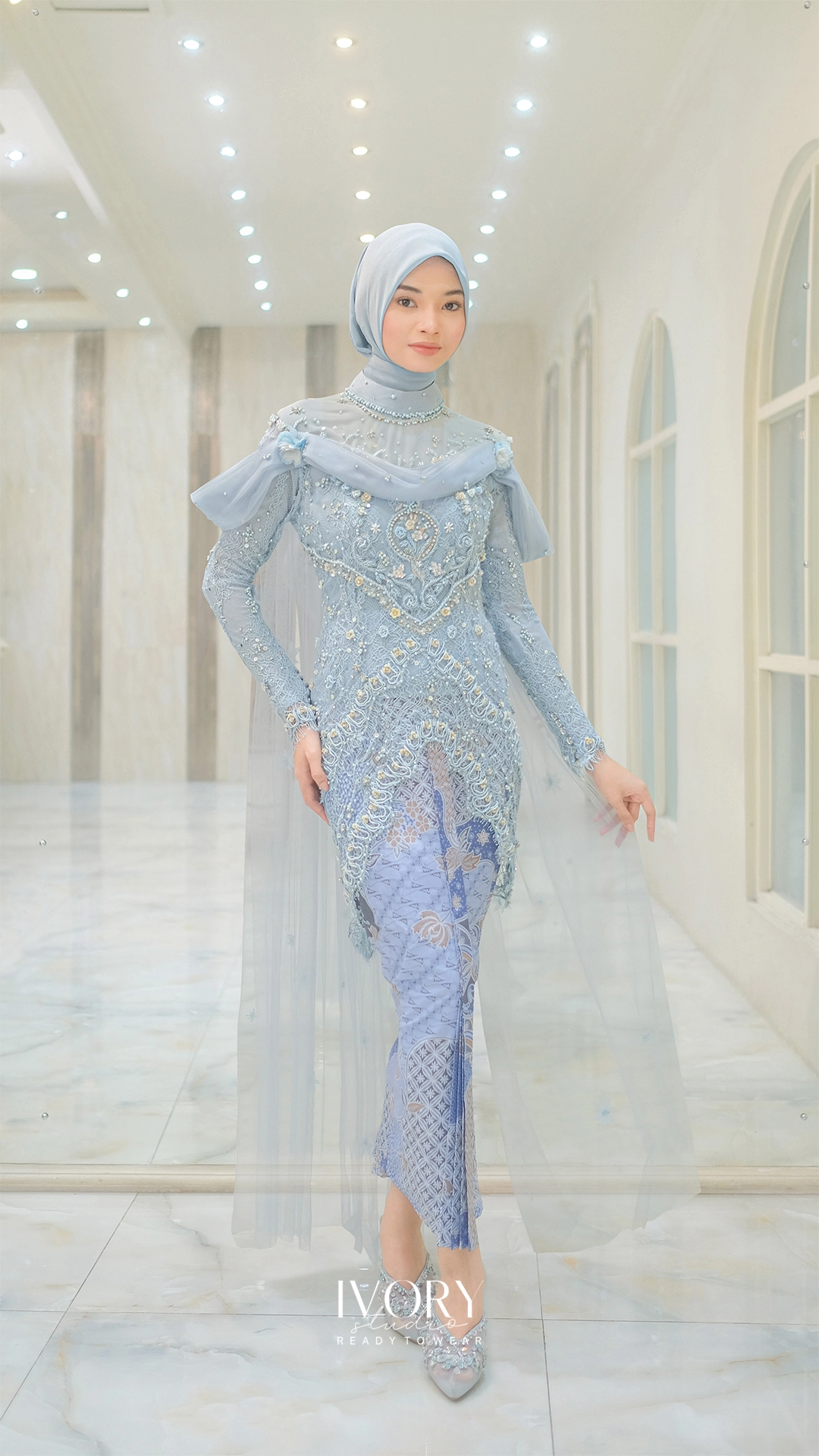 [Ready Stock] Amara | Ice Blue Floral Medal Kebaya with Swaying Drape - Image 2