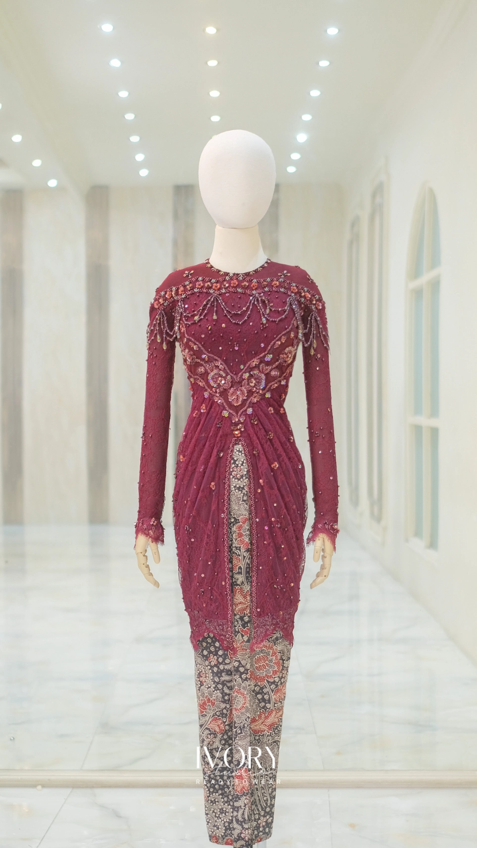 [Ready Stock] Jivva | Nirmala Multicolor Kebaya with Slimming Portieré in Burgundy - Image 2