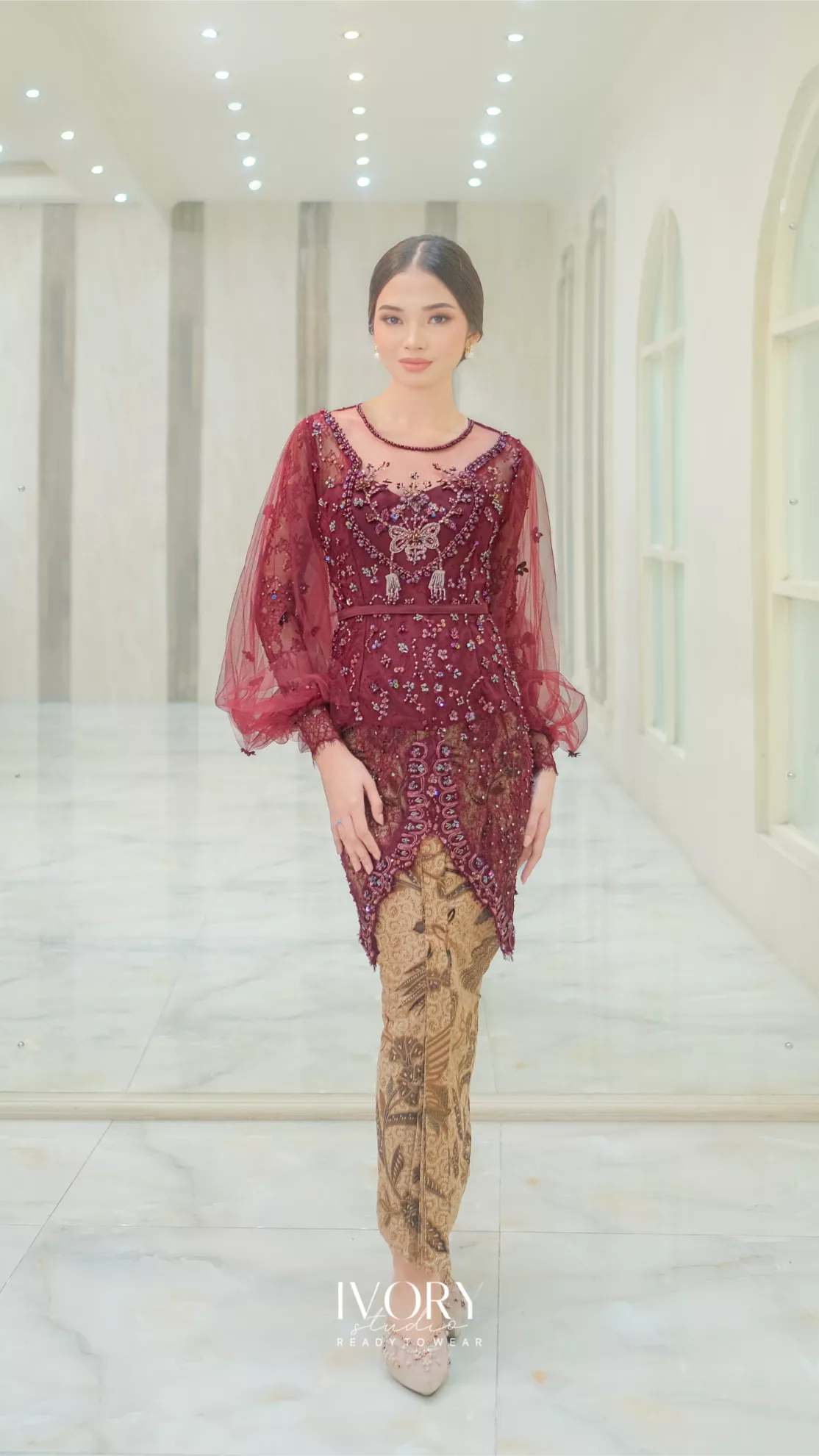 [Ready Stock] Jivva | Araya Peplum Kebaya with Heart-Shaped Garland in Burgundy