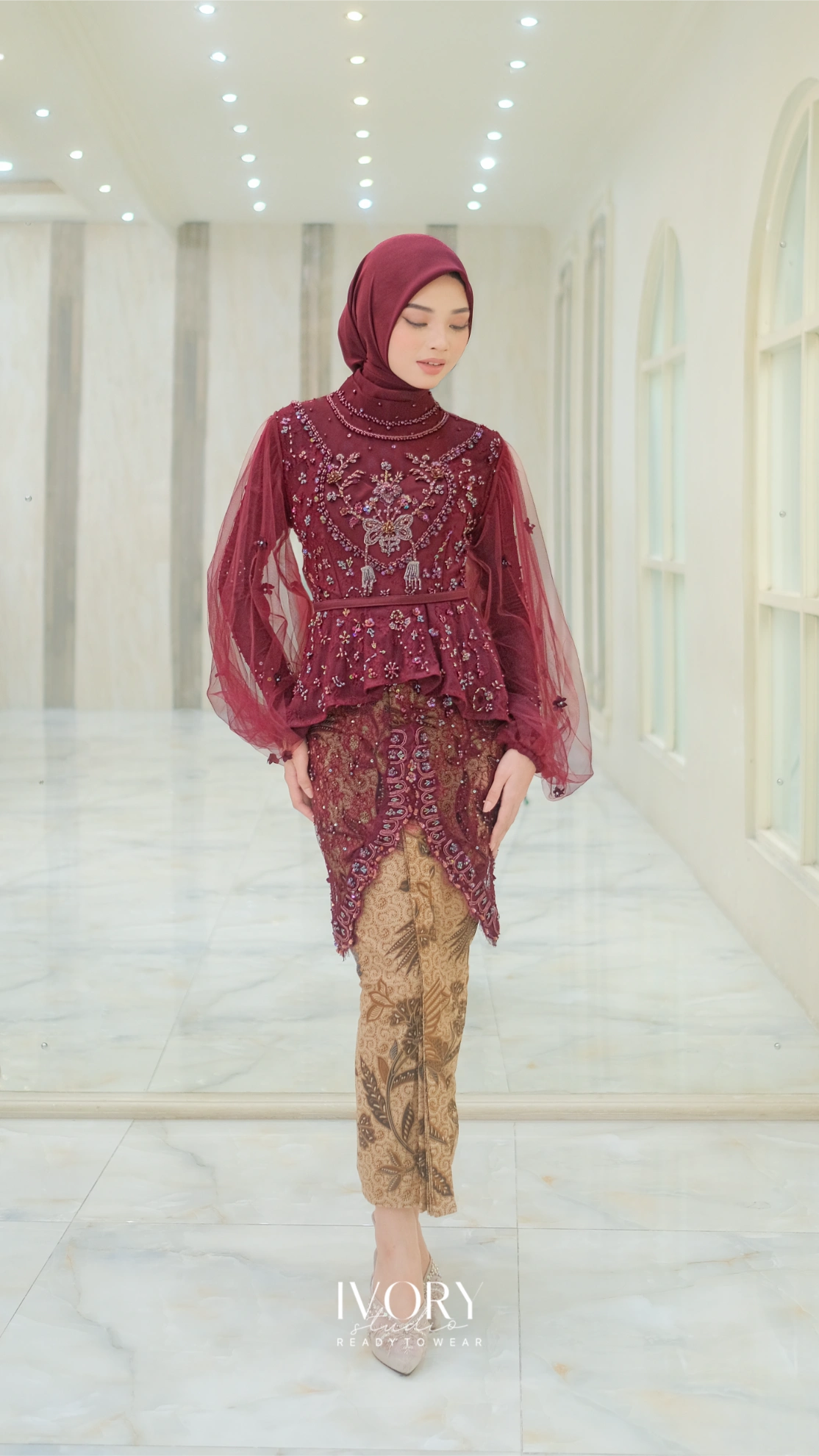 [Ready Stock] Jivva | Araya Peplum Kebaya with Heart-Shaped Garland in Burgundy - Image 2