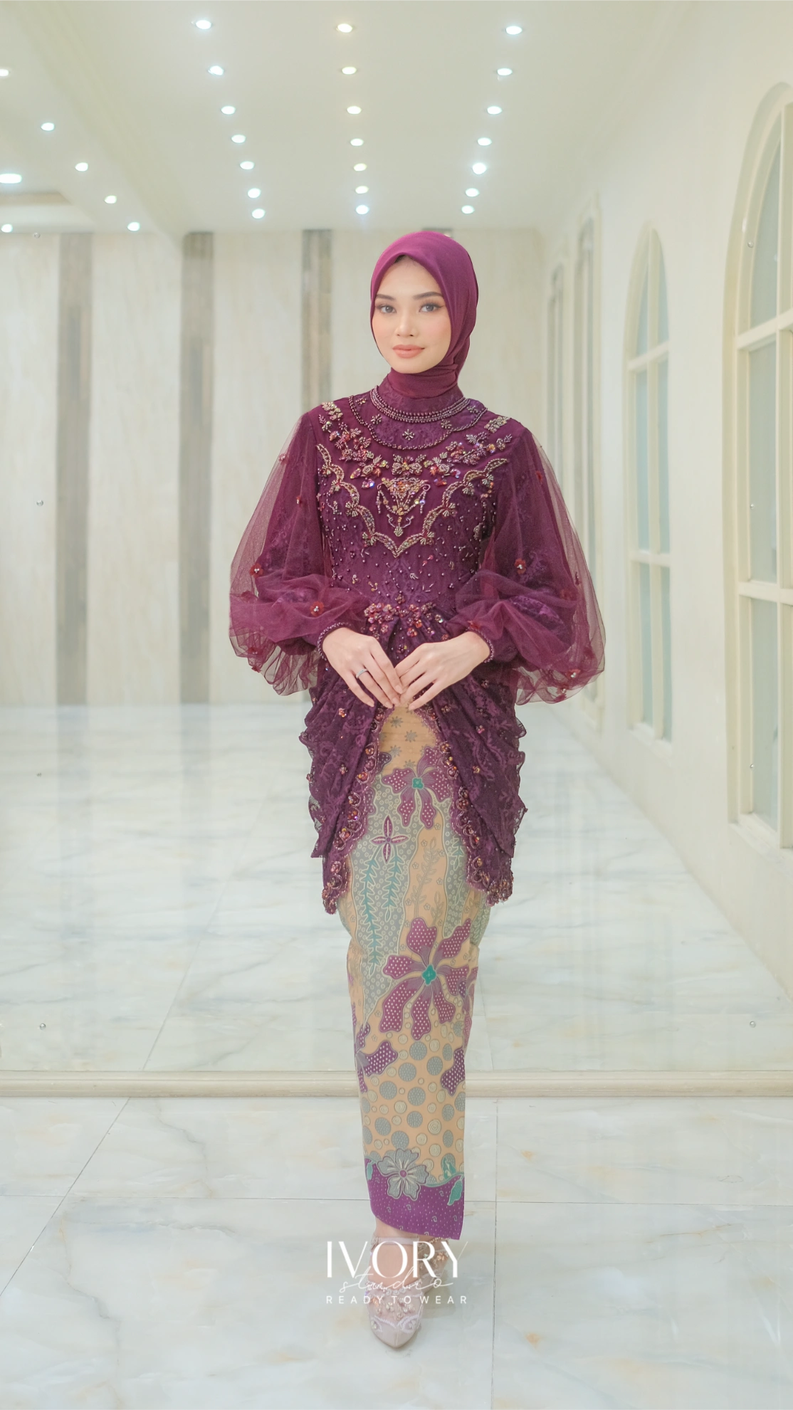 [Ready Stock] Plum Chalice Bishop Kebaya with Cascading Drapery - Image 2