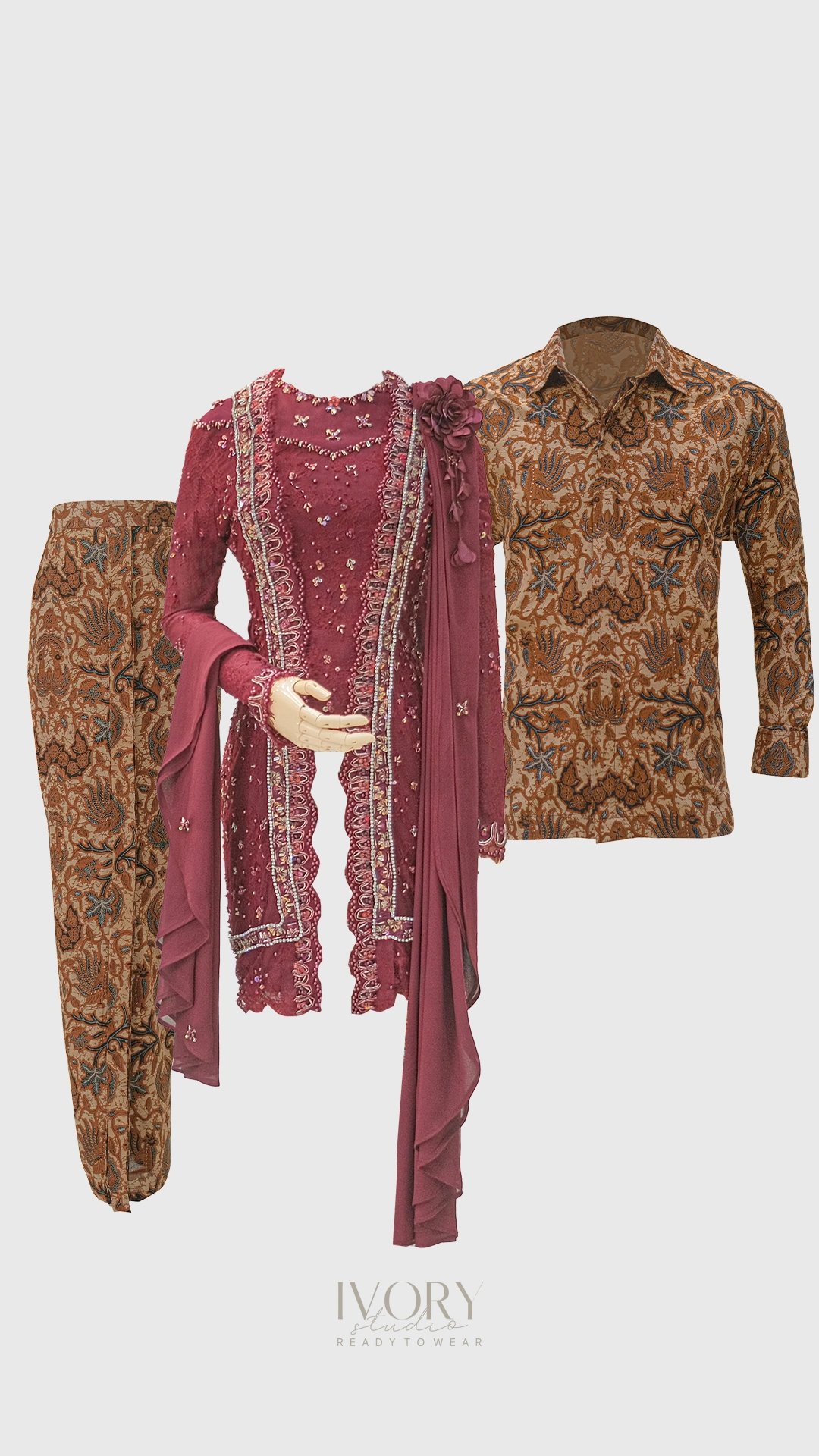 Vivre Kutubaru with Feather Symphony Embroidery in Burgundy Couple Look