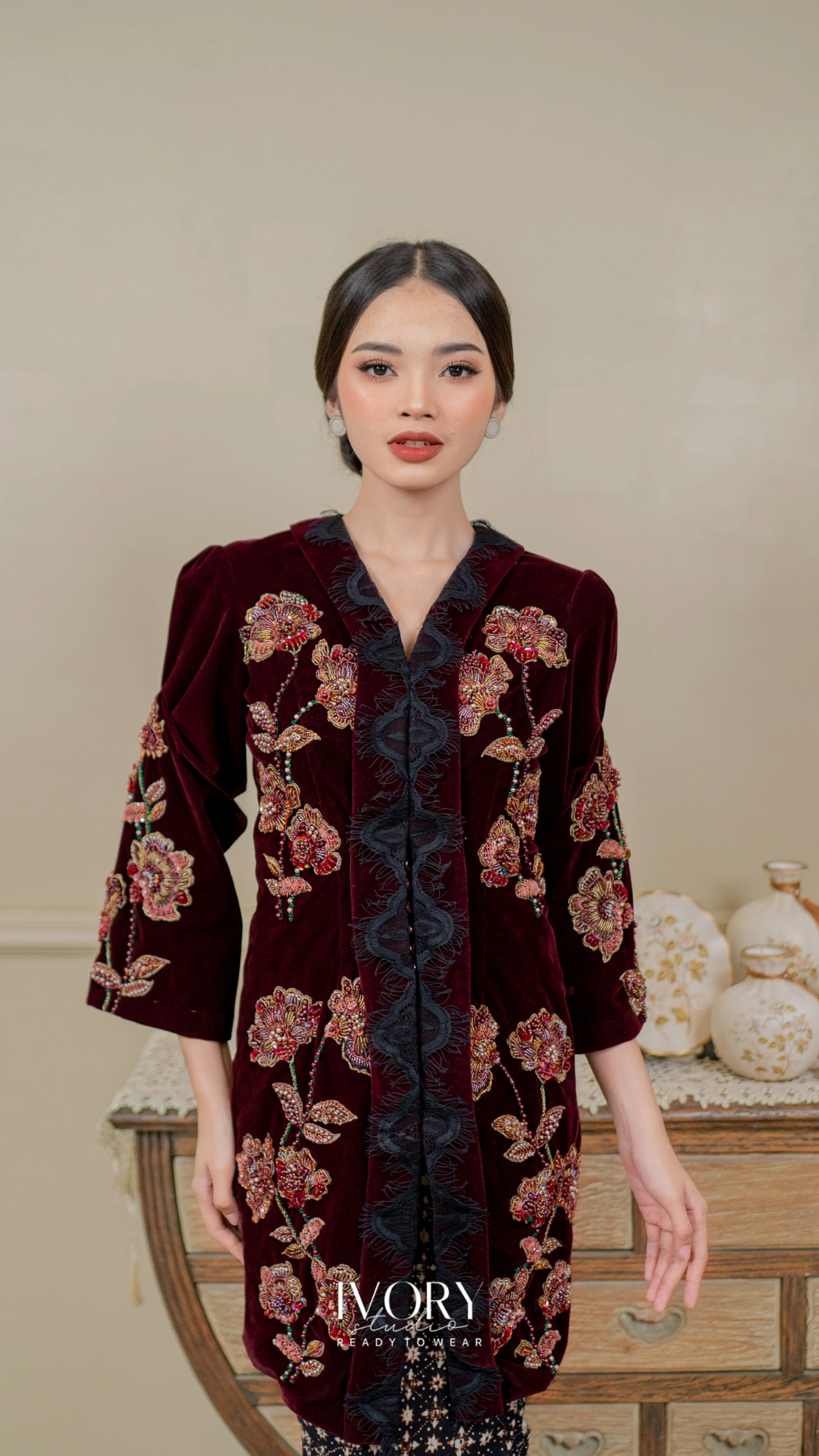 [Ready Stock] Through the Ages | Eswari Kebaya Kartini Velvet Burgundy - Image 2