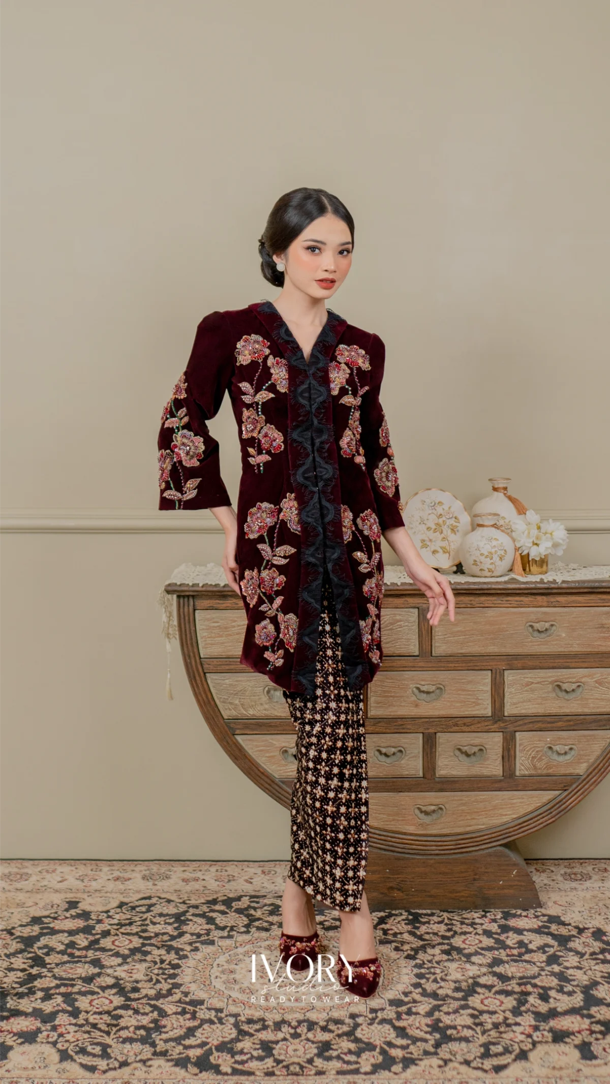 [Ready Stock] Through the Ages | Eswari Kebaya Kartini Velvet Burgundy