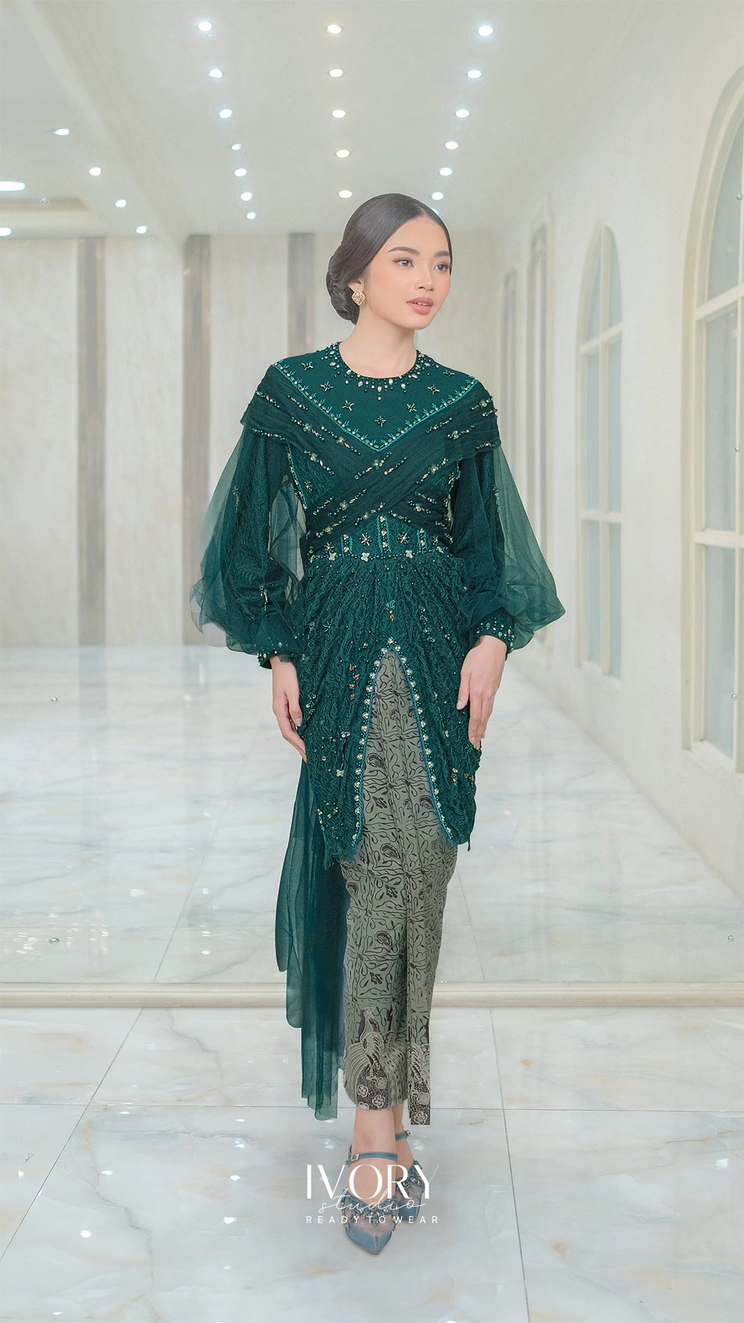 [Ready Stock] Amara | Emerald Green Cherie Kebaya with Enlacing Tulle Drape