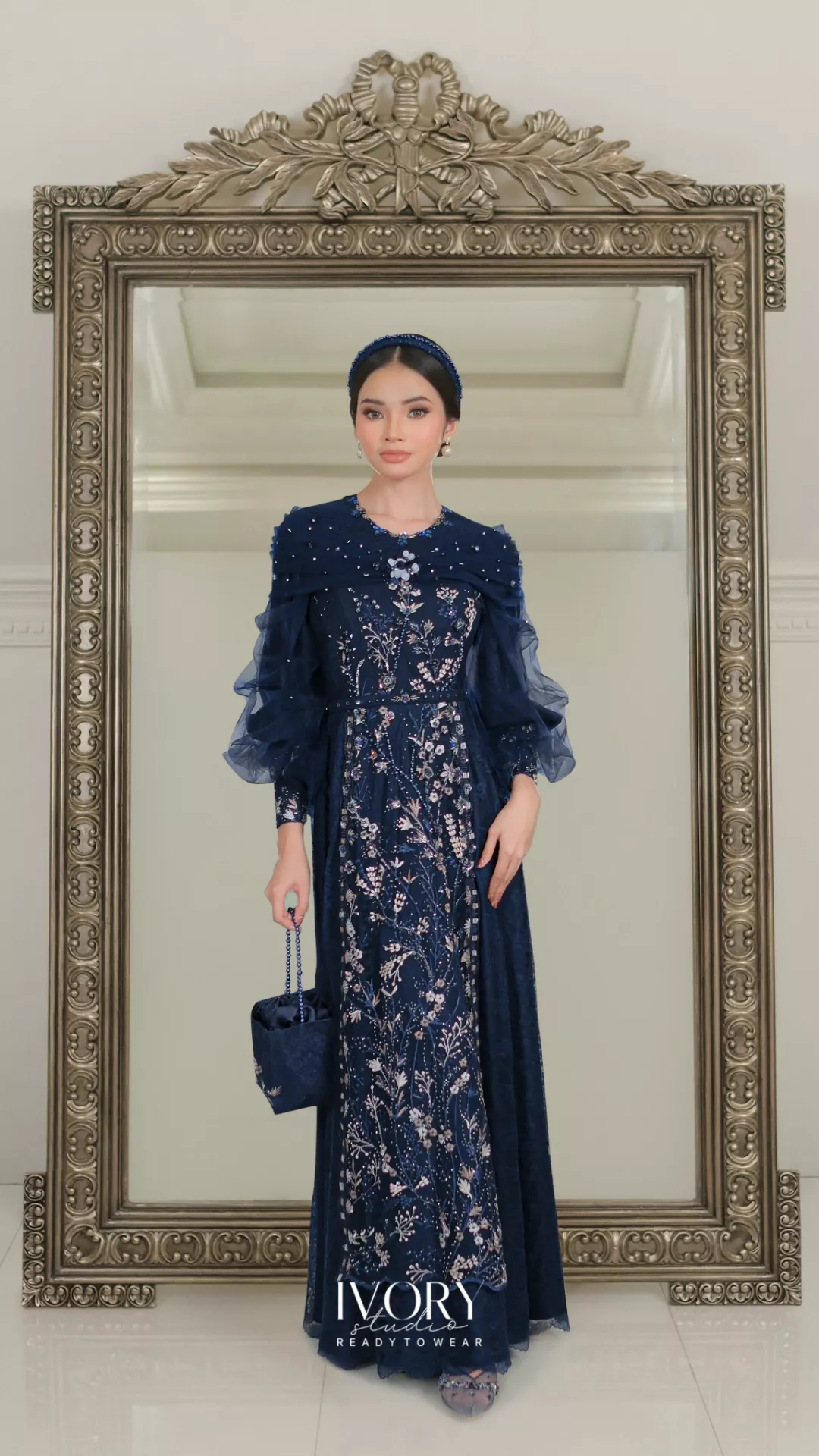 [Ready Stock] Poise | Waltz Dress with Tulle Drape in Navy