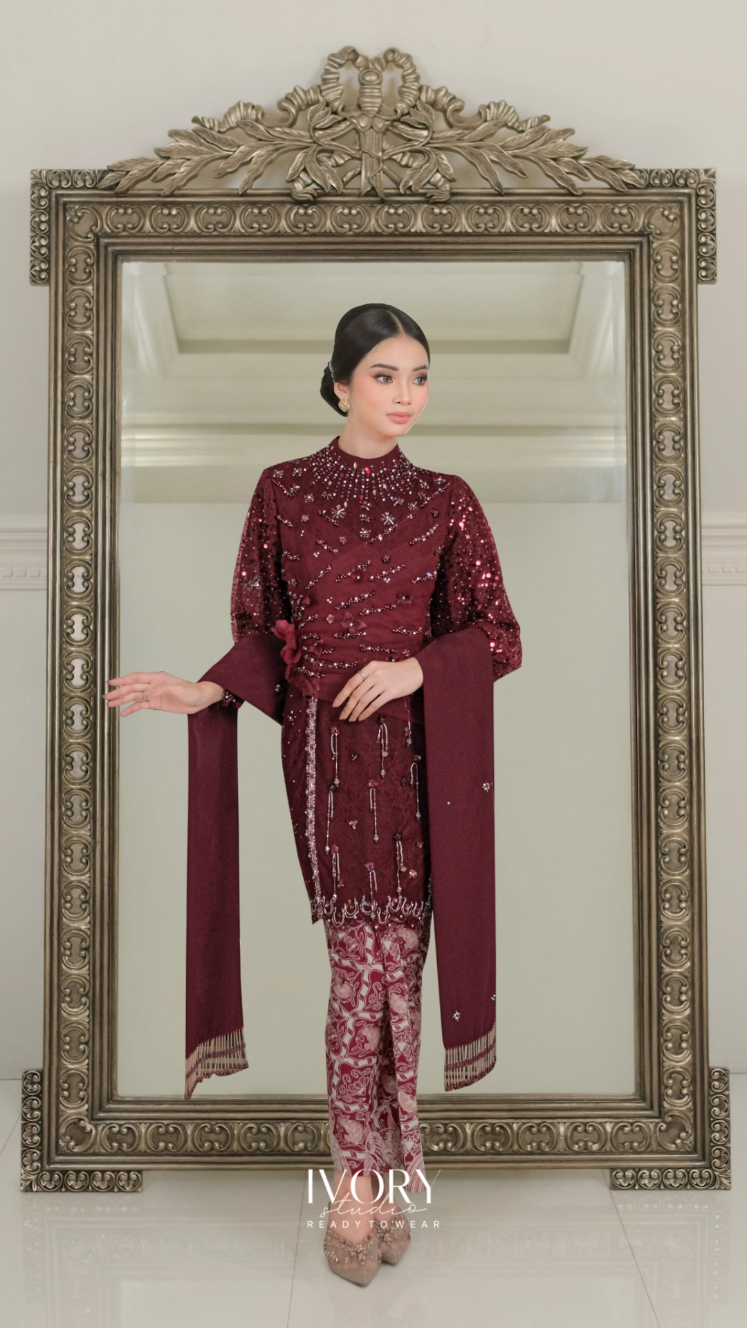 Amara | Burgundy Aurora Drape Kebaya with Sparkling Sleeves