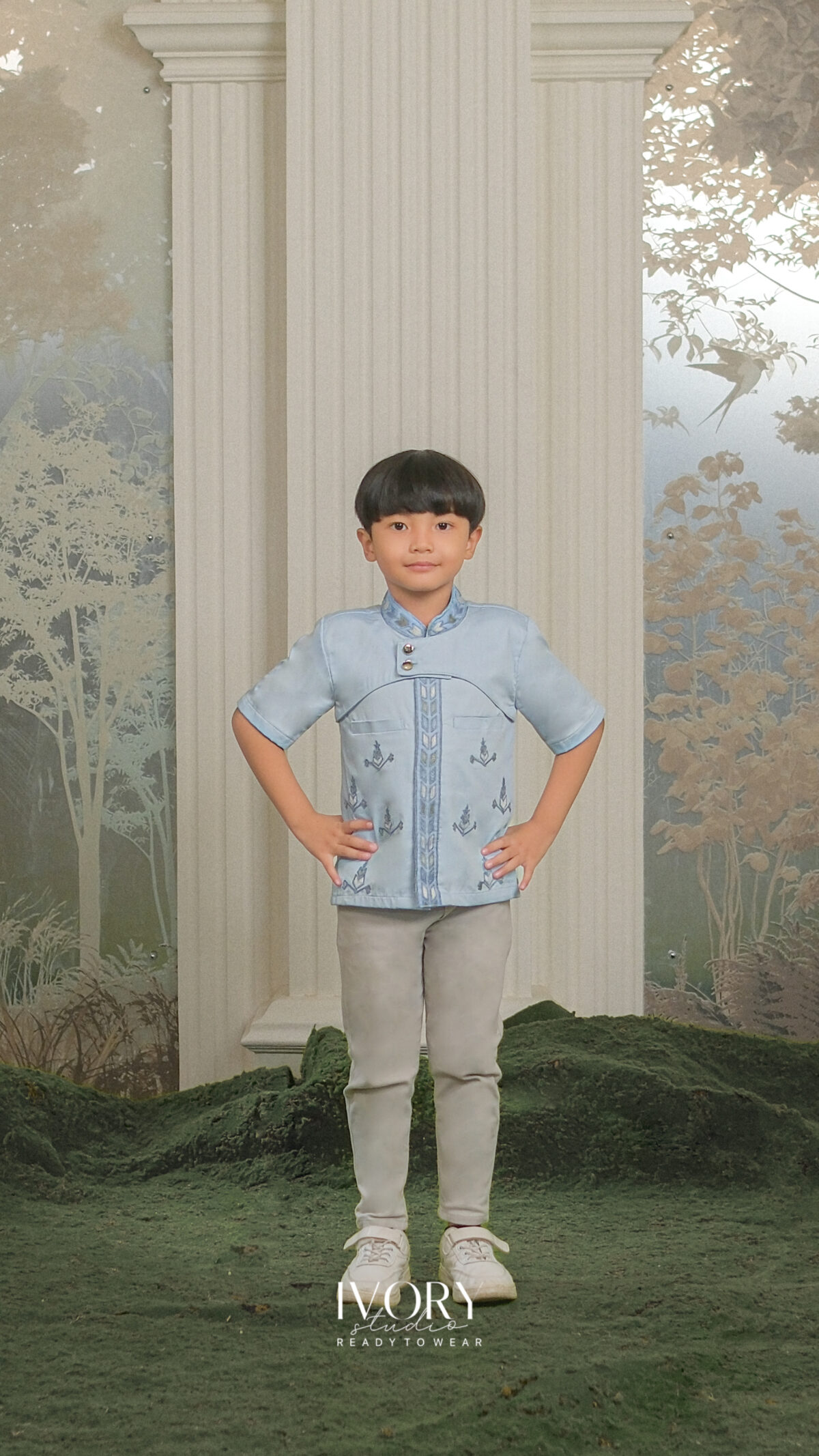 Here & There Kids | Amaithi Dress with Sartre Shirt in Dust Blue - Image 3
