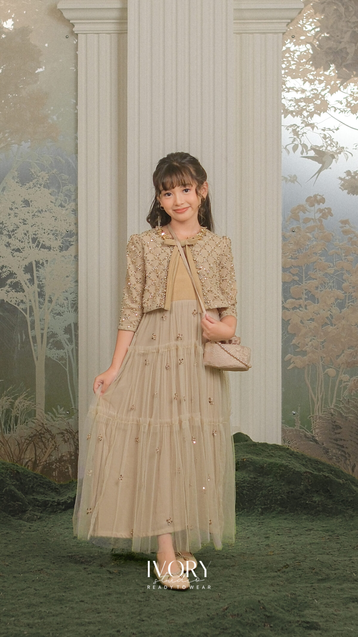 Here & There Kids | Darlene Dress with Rosseau Shirt in Beige - Image 2