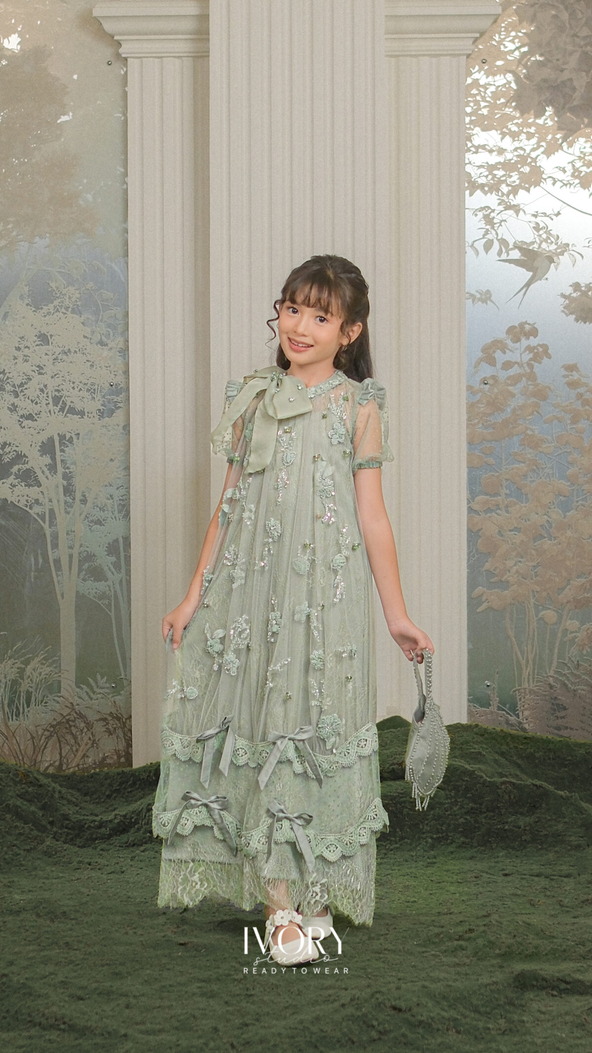 Here & There Kids | Dona Dress with Sartre Shirt in Sage - Image 2